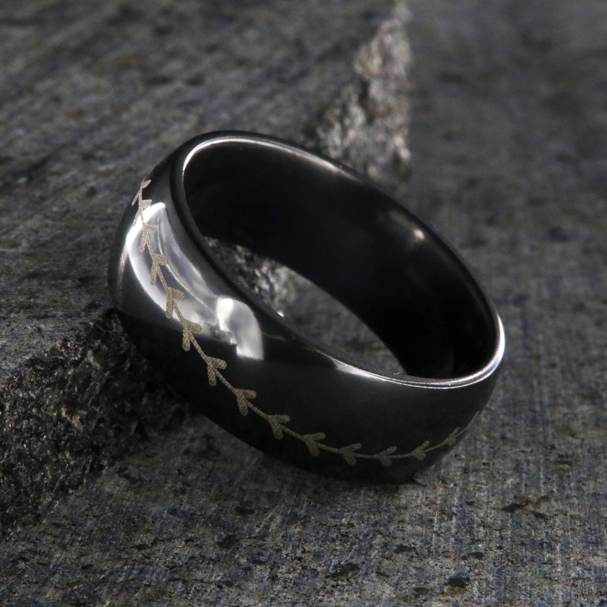 8mm wide black zirconium baseball ring with layered baseball stitching