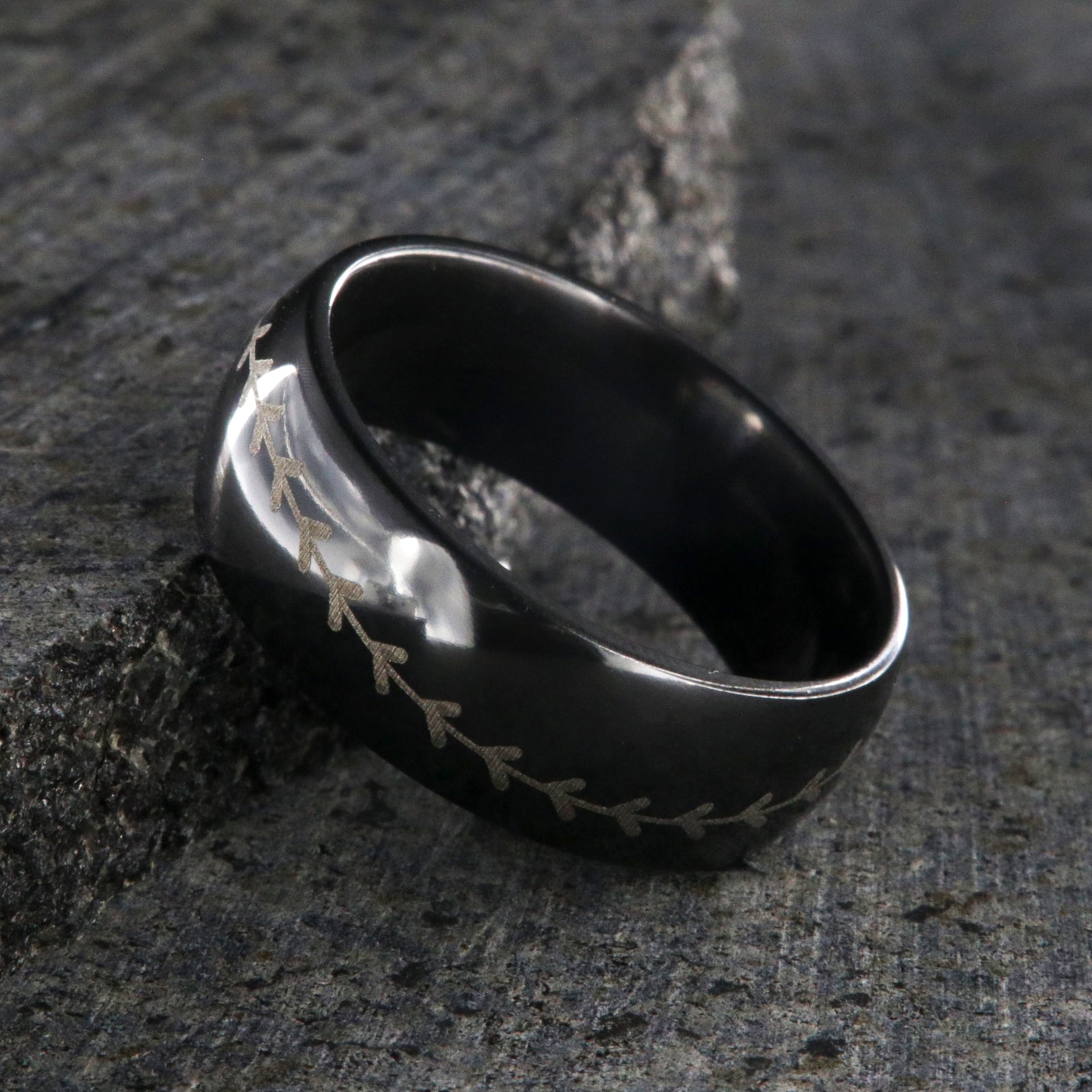 8mm wide black zirconium baseball ring with layered baseball stitching