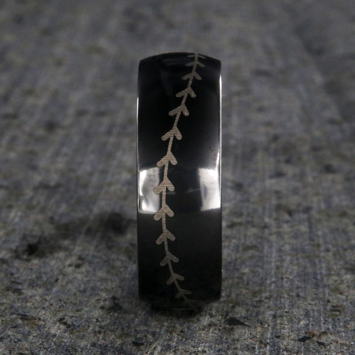 8mm wide black zirconium baseball ring with layered baseball stitching