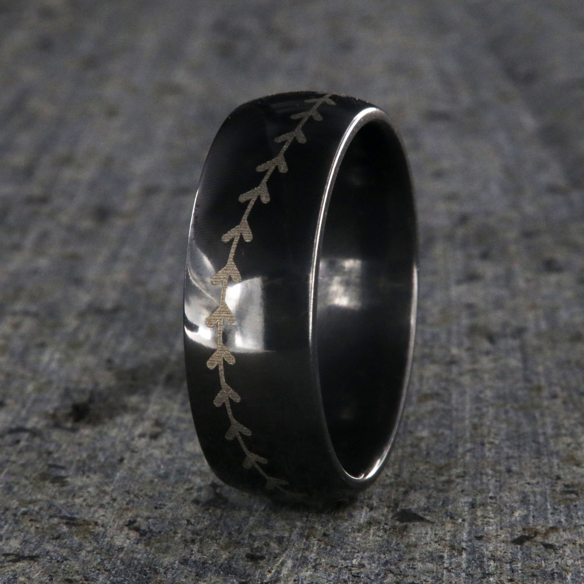 8mm wide black zirconium baseball ring with layered baseball stitching