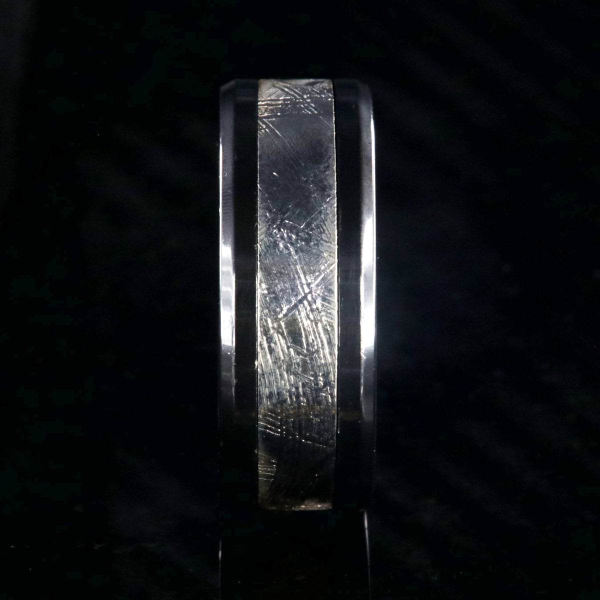8mm wide meteorite ring with black zirconium edges and sleeve