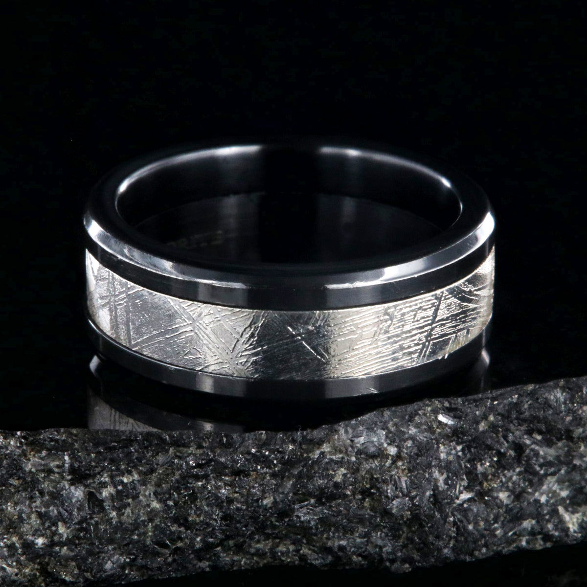8mm wide meteorite ring with black zirconium edges and sleeve