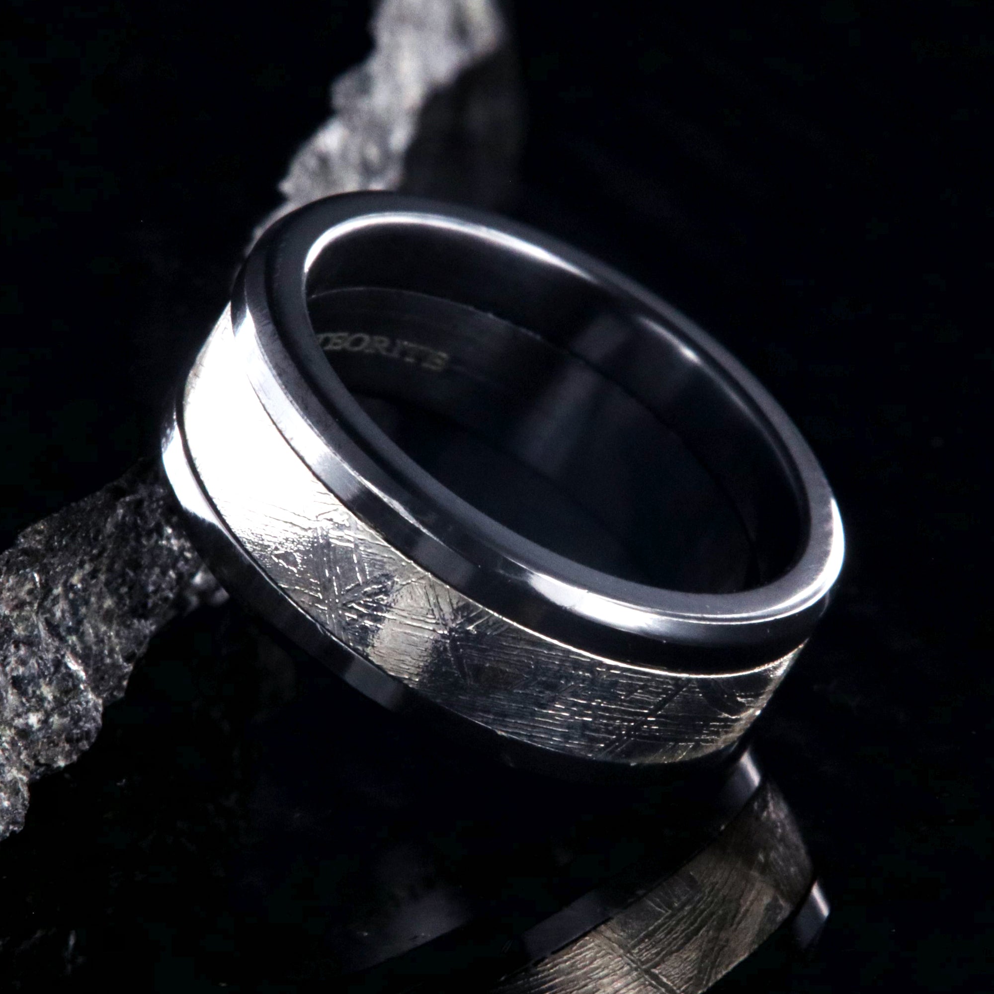 8mm wide meteorite ring with black zirconium edges and sleeve