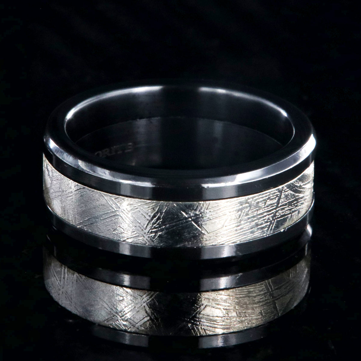 8mm wide meteorite ring with black zirconium edges and sleeve