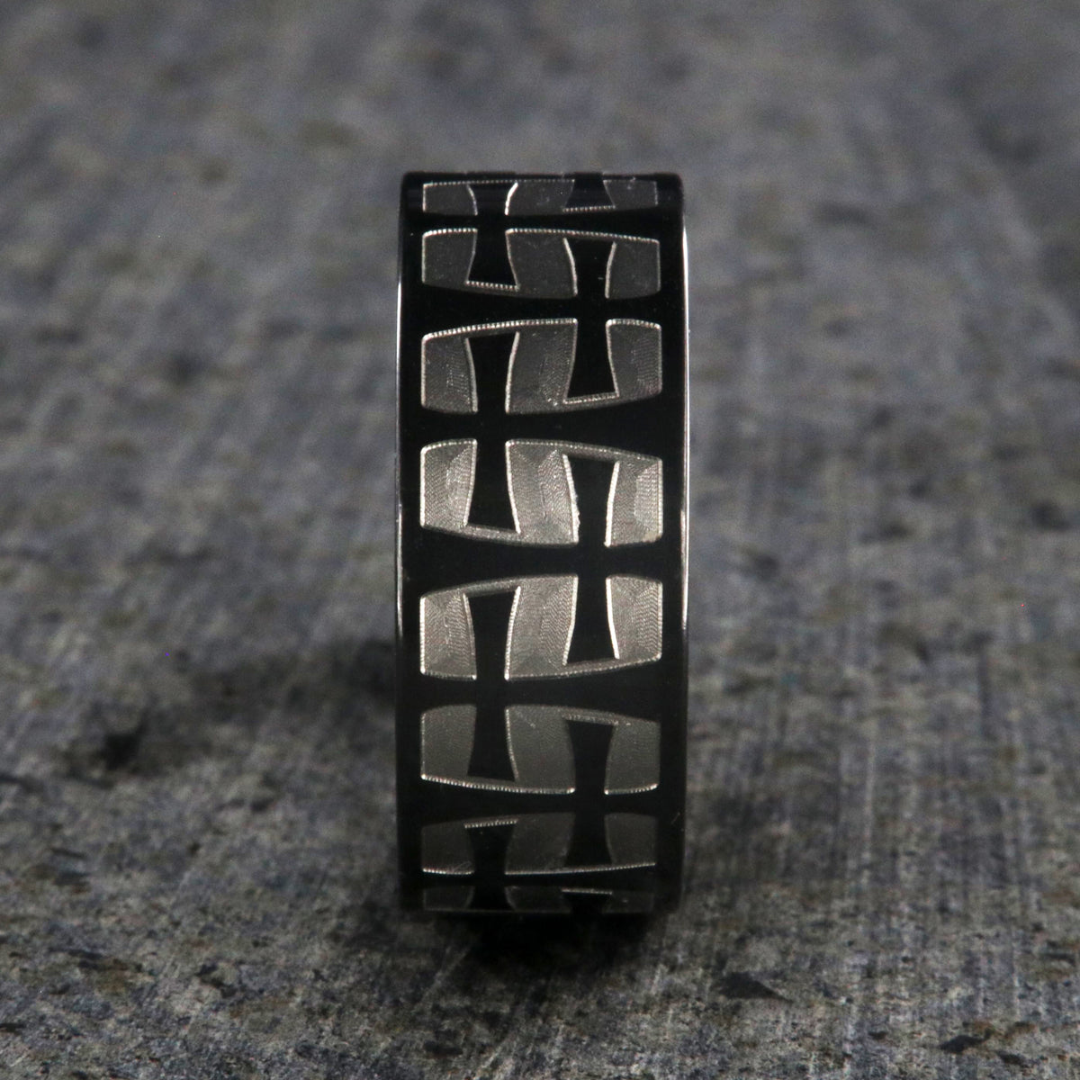 9mm wide black zirconium with a two-tone braided crosses design