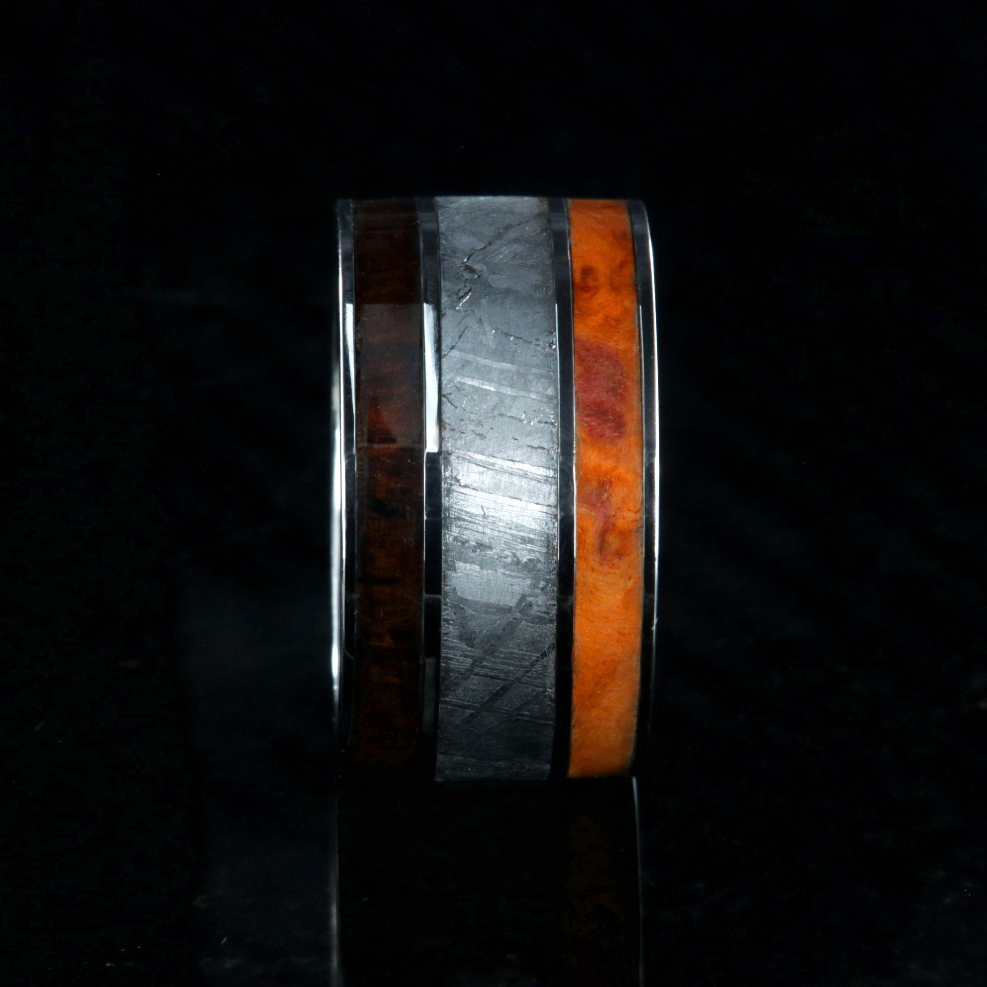 12mm wide ring with orange wood burl edge, a wide meteorite center inlay, and Arizona ironwood edge