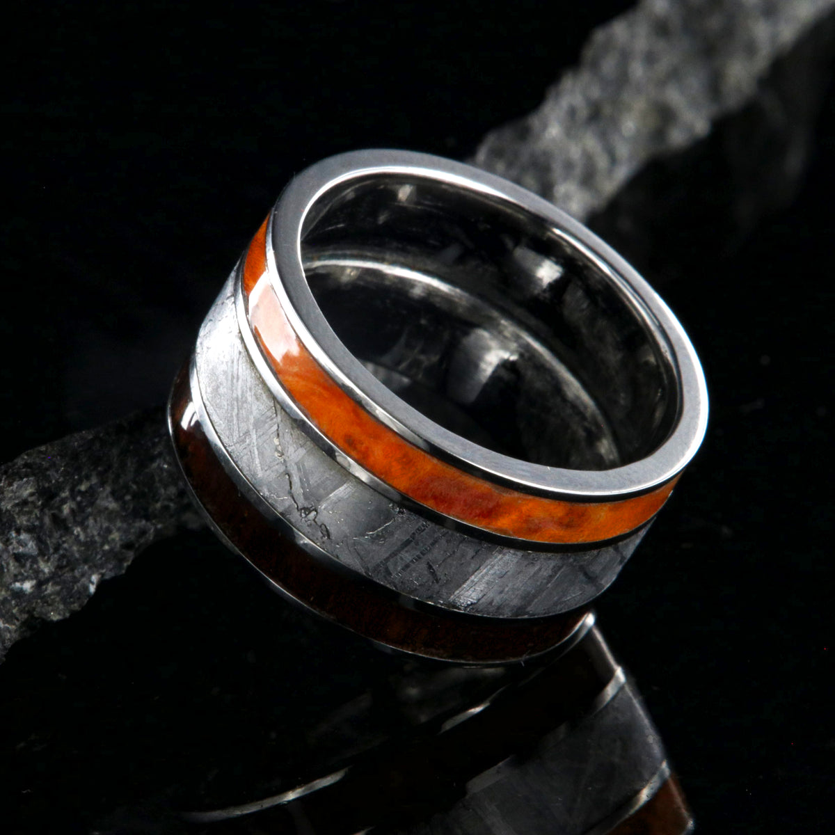 12mm wide ring with orange wood burl edge, a wide meteorite center inlay, and Arizona ironwood edge