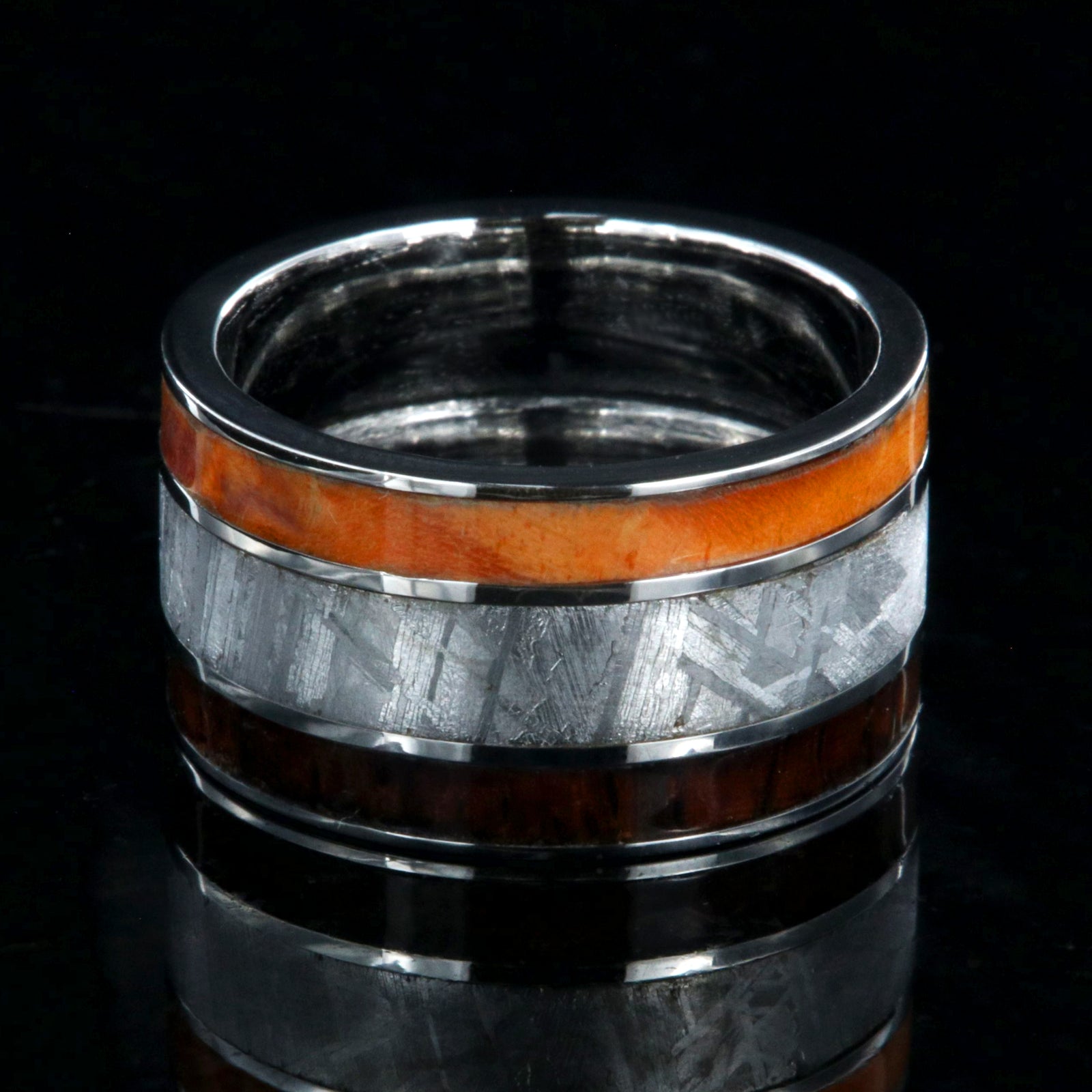 12mm wide ring with orange wood burl edge, a wide meteorite center inlay, and Arizona ironwood edge