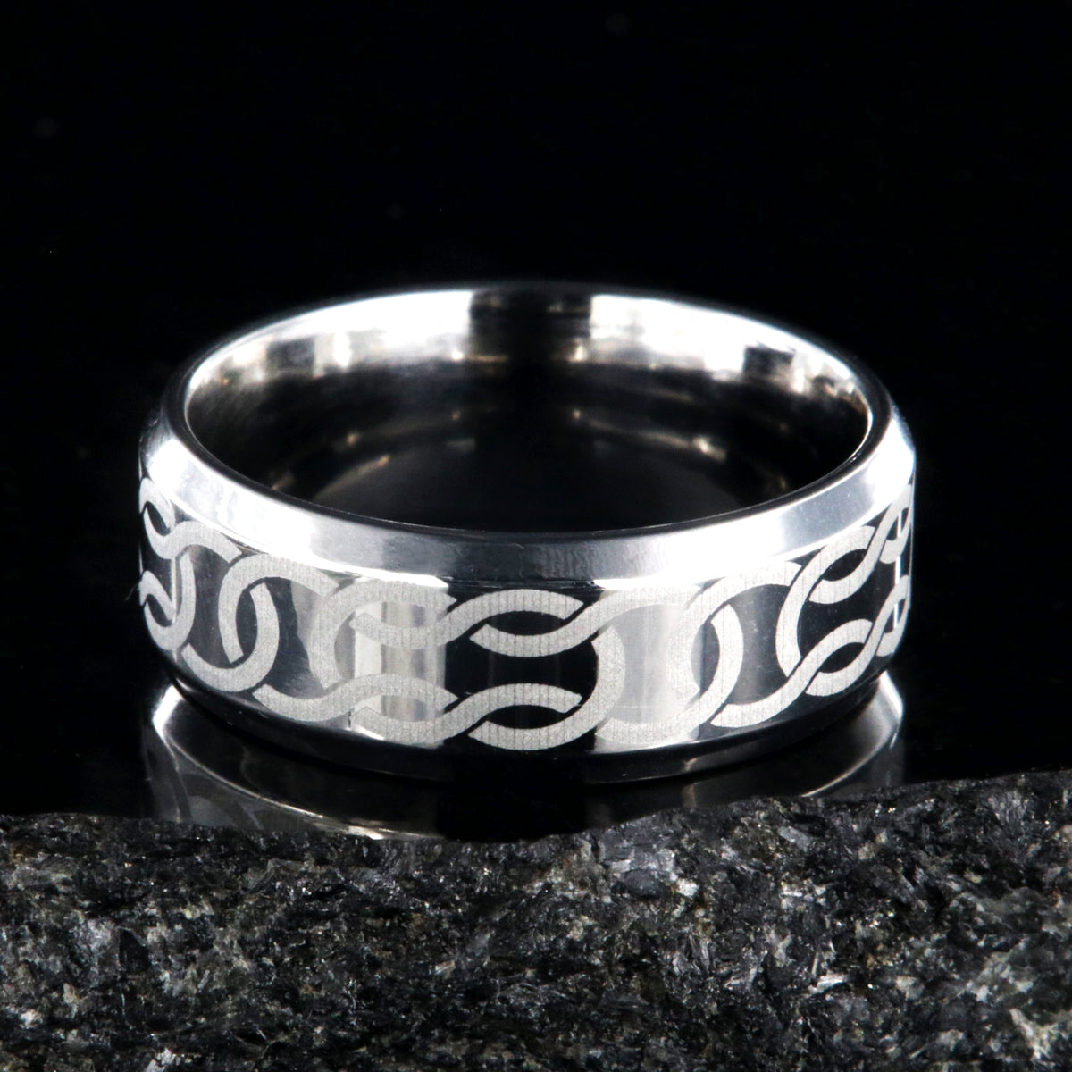 8mm wide cobalt ring with Celtic knot and beveled edges