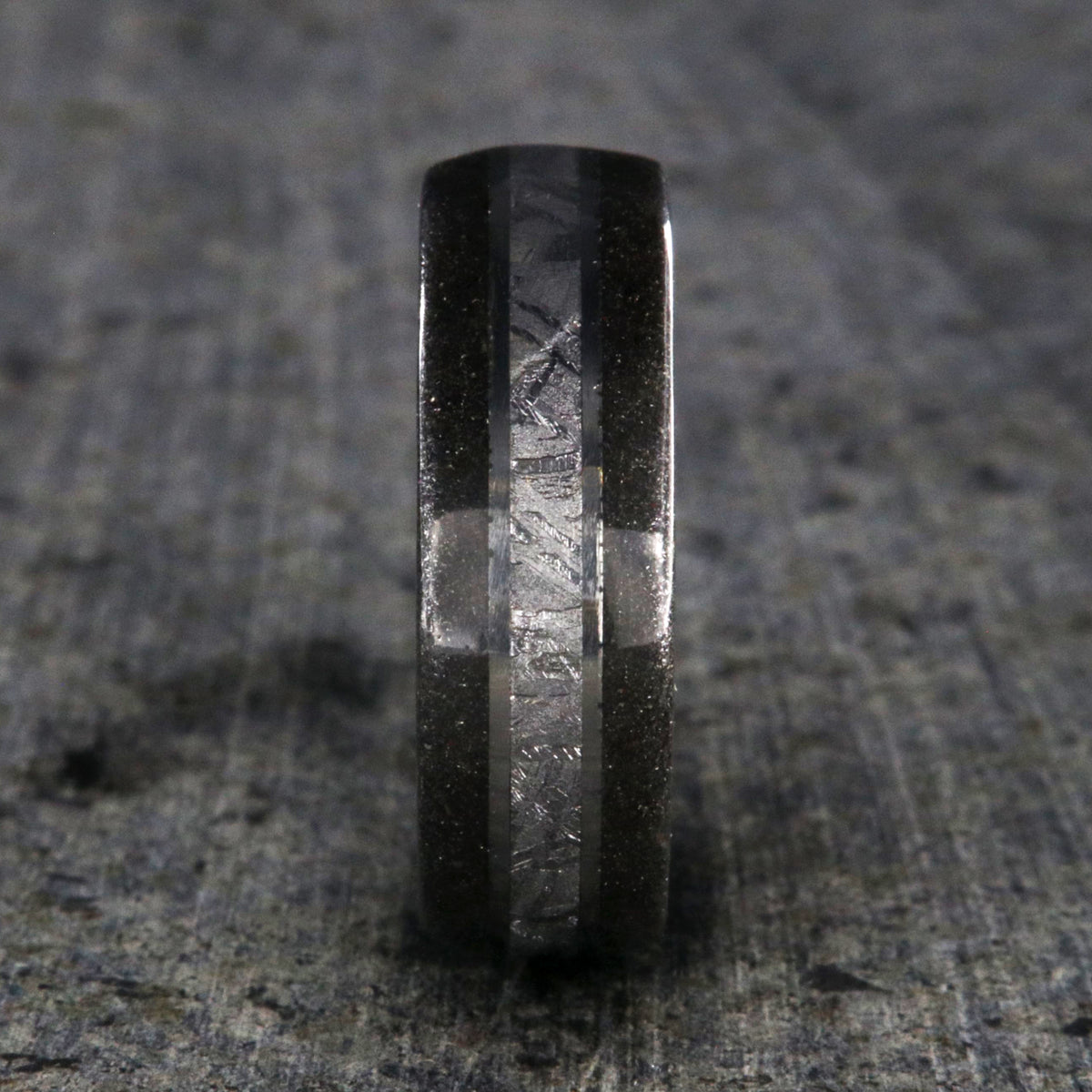 8mm wide wedding band with Gibeon meteorite center inlay and stardust edges