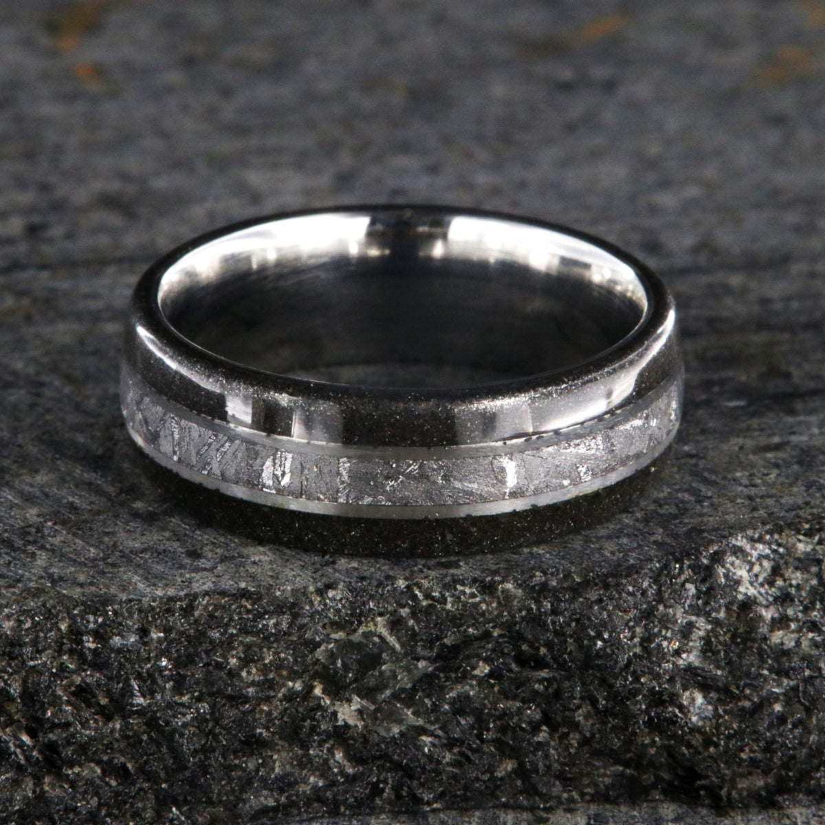 8mm wide wedding band with Gibeon meteorite center inlay and stardust edges