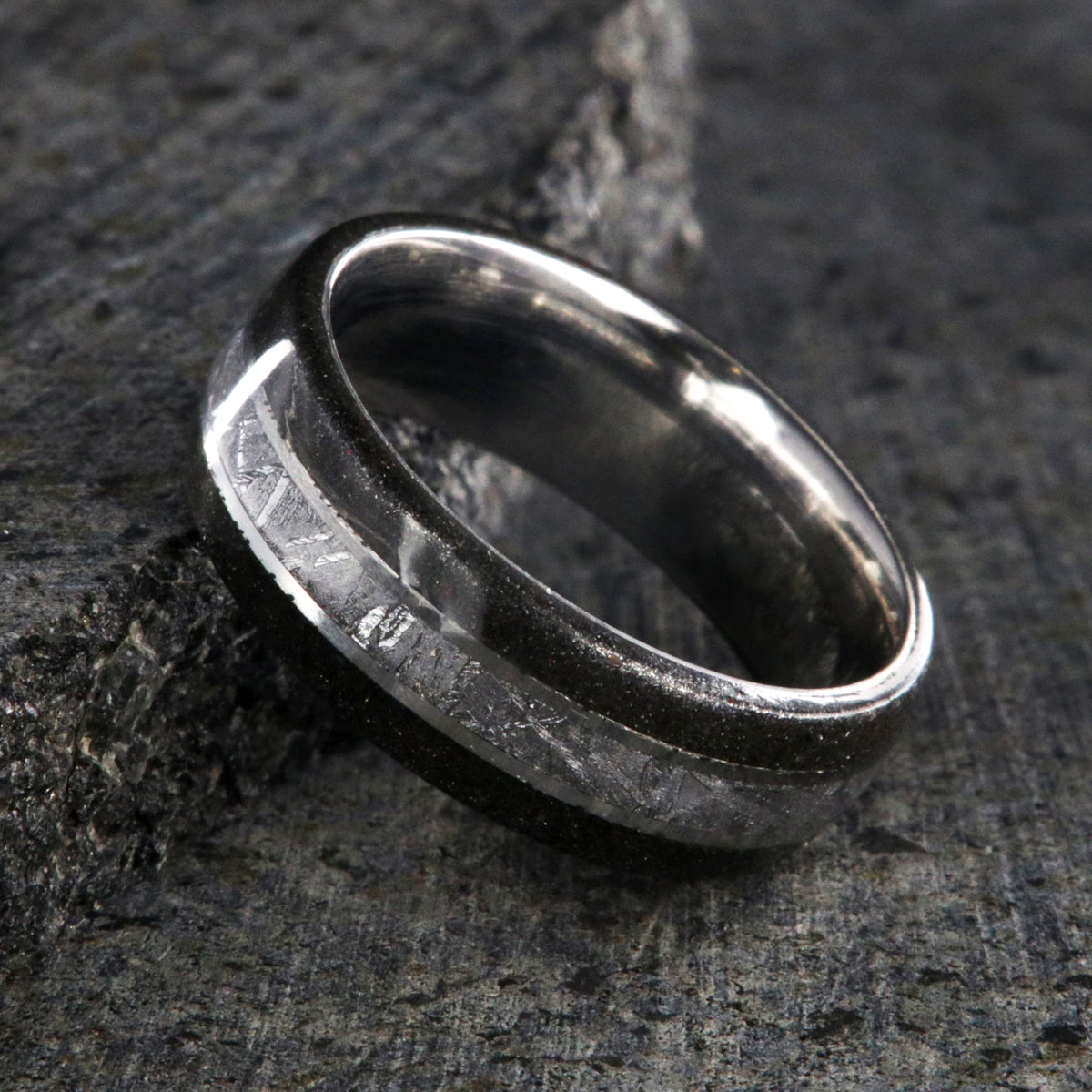 8mm wide wedding band with Gibeon meteorite center inlay and stardust edges