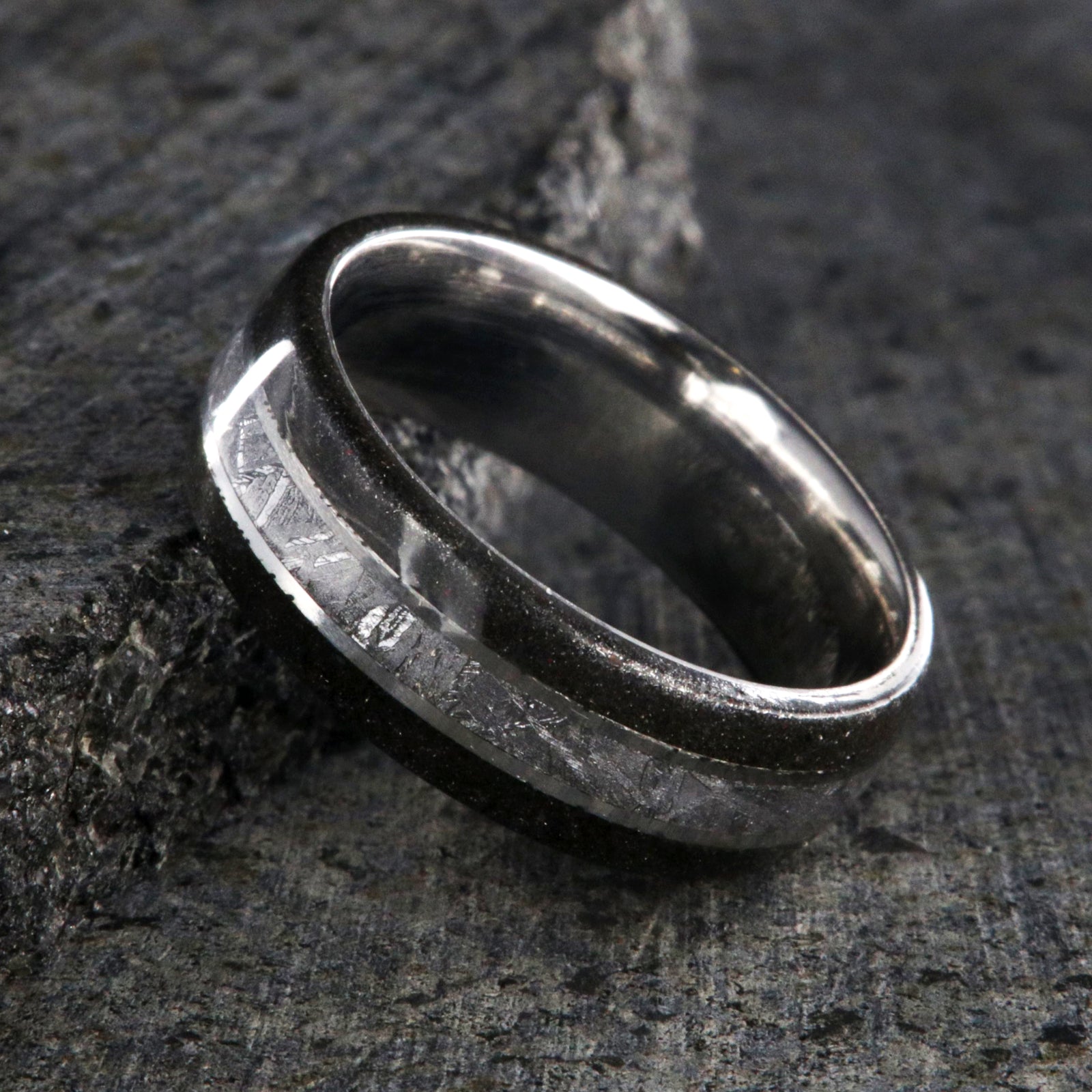 8mm wide wedding band with Gibeon meteorite center inlay and stardust edges