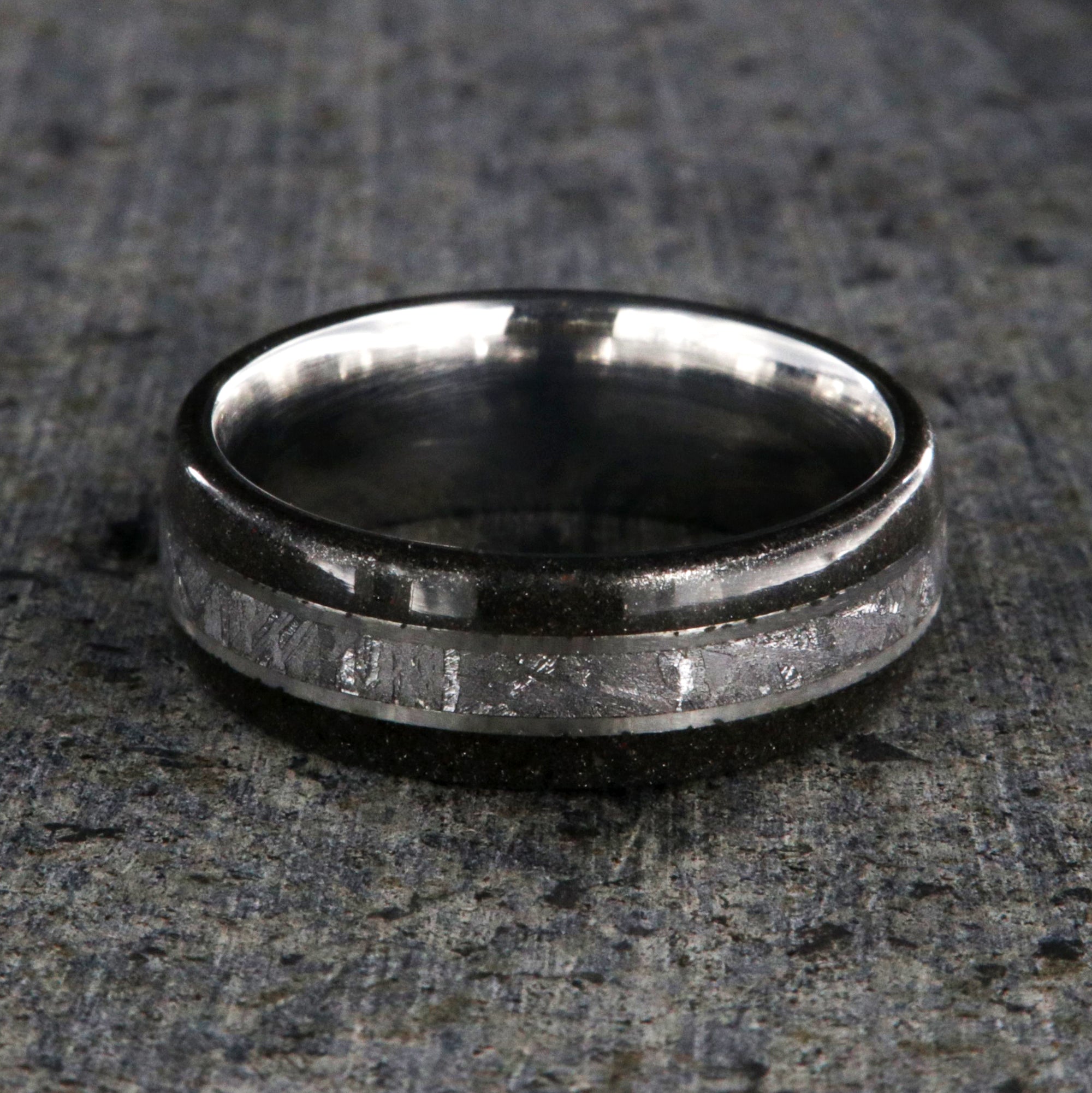 8mm wide wedding band with Gibeon meteorite center inlay and stardust edges