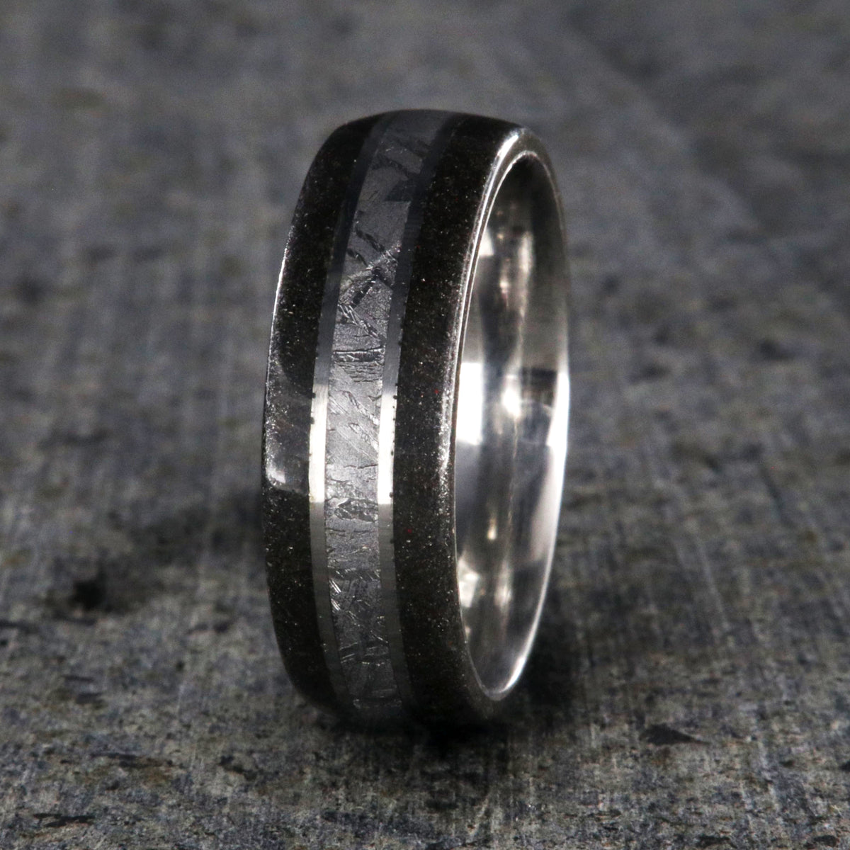 8mm wide wedding band with Gibeon meteorite center inlay and stardust edges