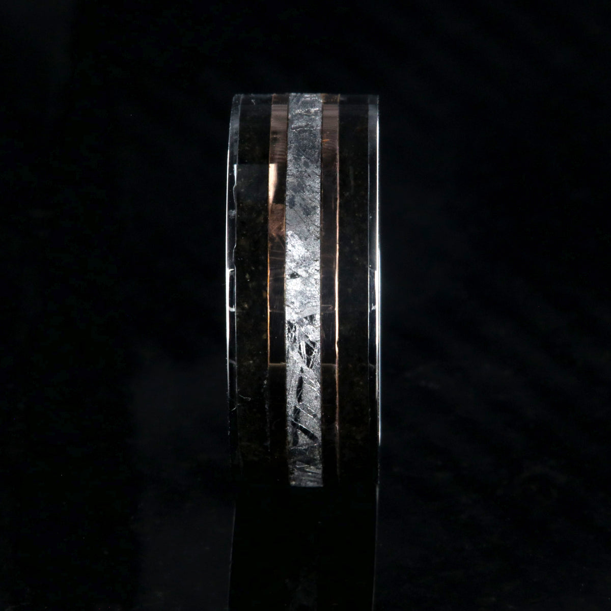 9mm wide ring with meteorite center, dual rose gold inlays, and dinosaur bone edges