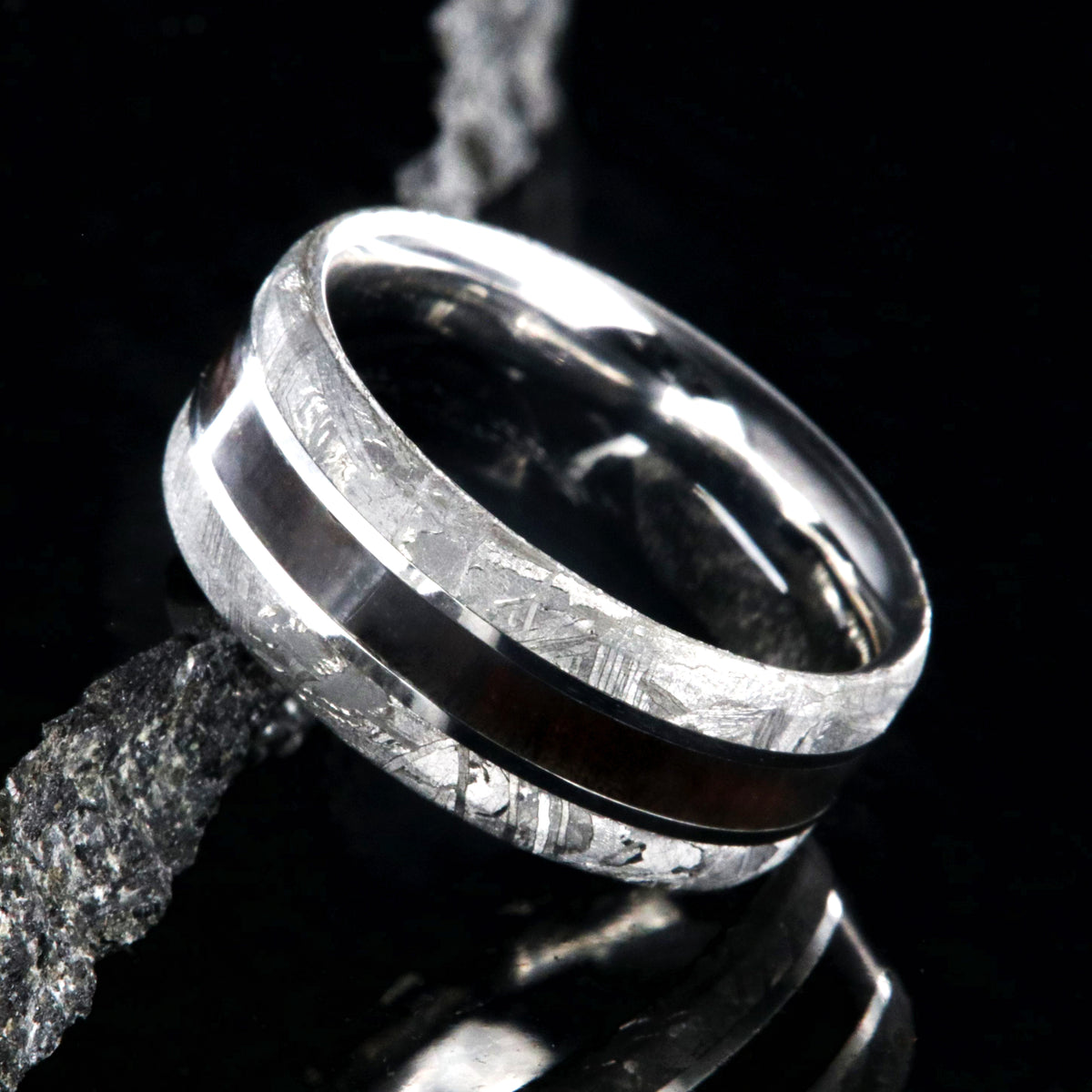 9mm wide Gibeon meteorite ring with beveled edges and Arizona ironwood center inlay