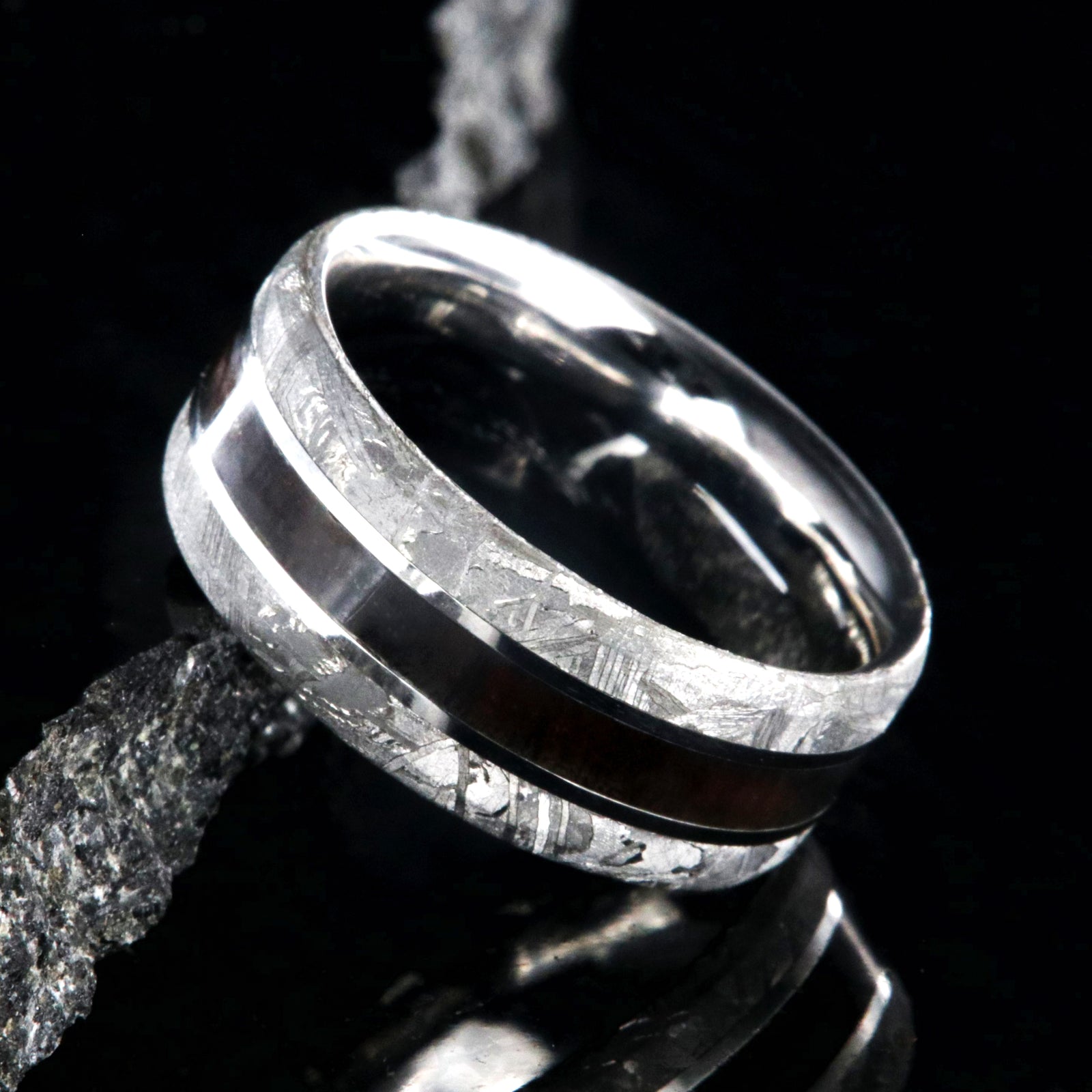 9mm wide Gibeon meteorite ring with beveled edges and Arizona ironwood center inlay