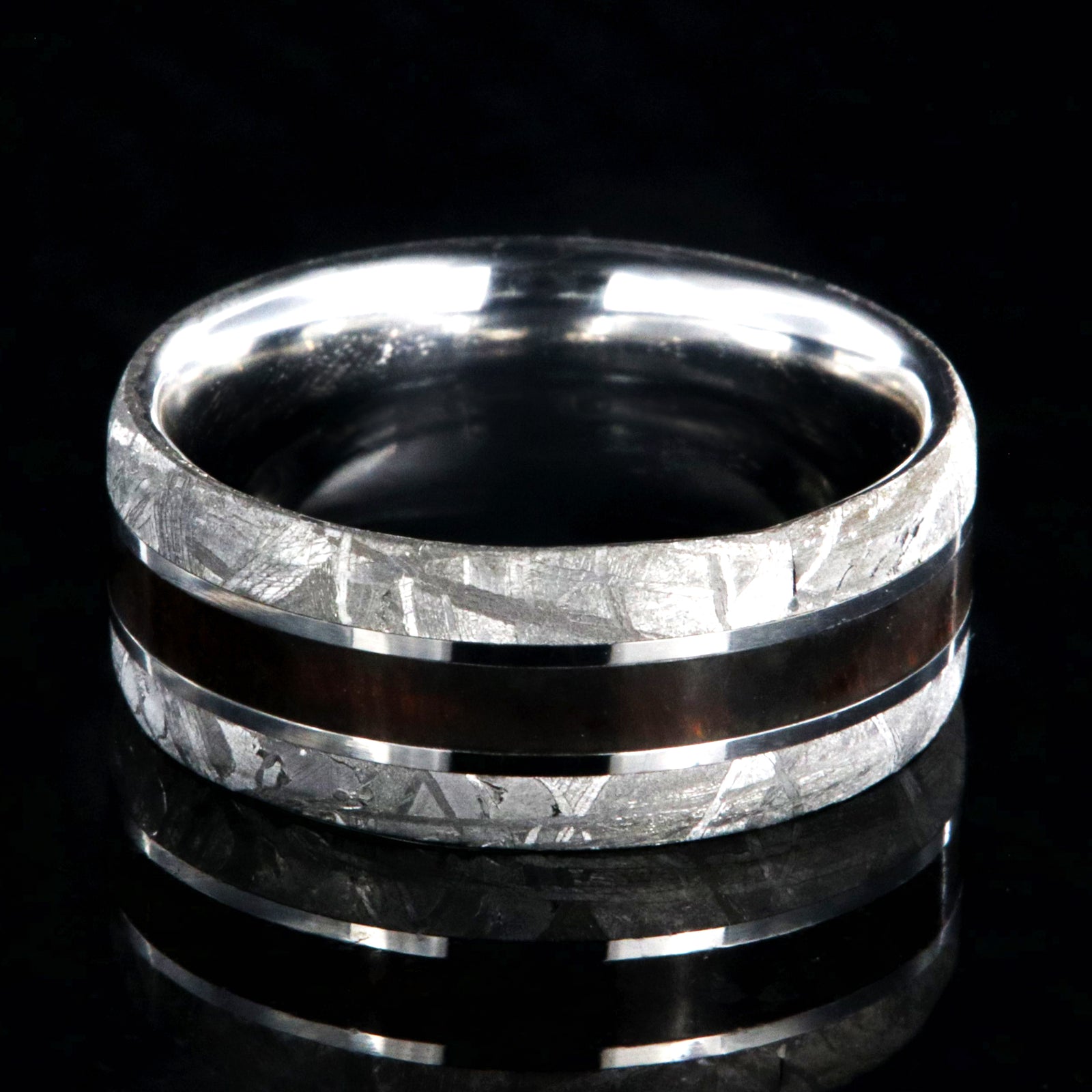 9mm wide Gibeon meteorite ring with beveled edges and Arizona ironwood center inlay