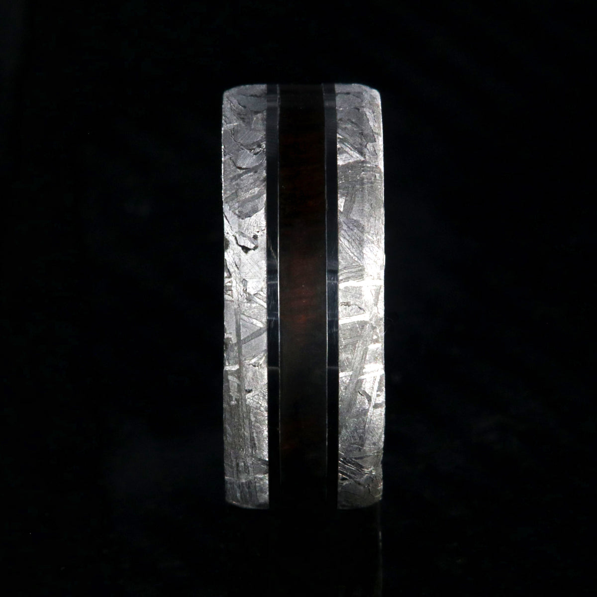 9mm wide Gibeon meteorite ring with beveled edges and Arizona ironwood center inlay