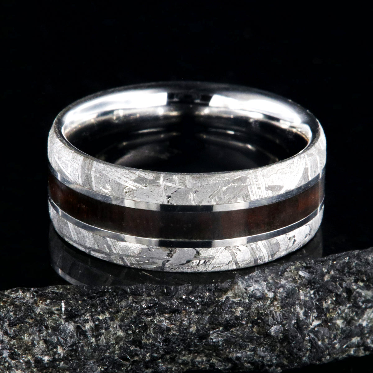 9mm wide Gibeon meteorite ring with beveled edges and Arizona ironwood center inlay