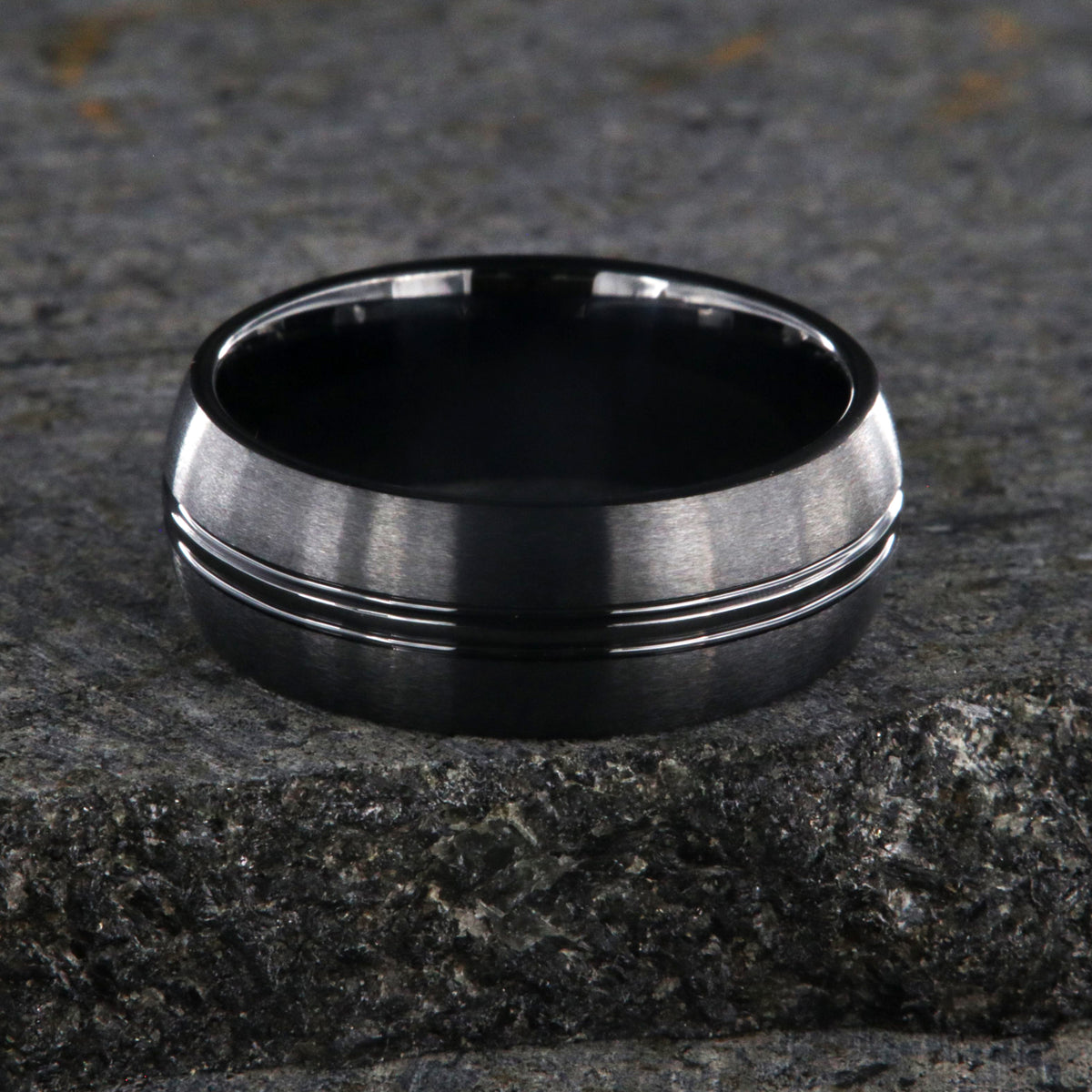 8mm wide black ceramic ring with a center groove and satin finish