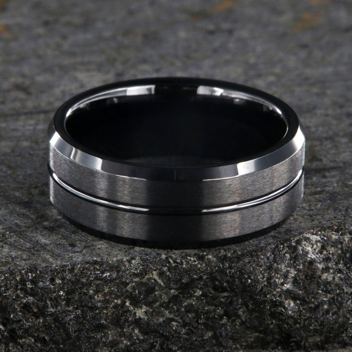 8mm wide black ceramic ring with beveled edges, a polished center groove, and a matte finish