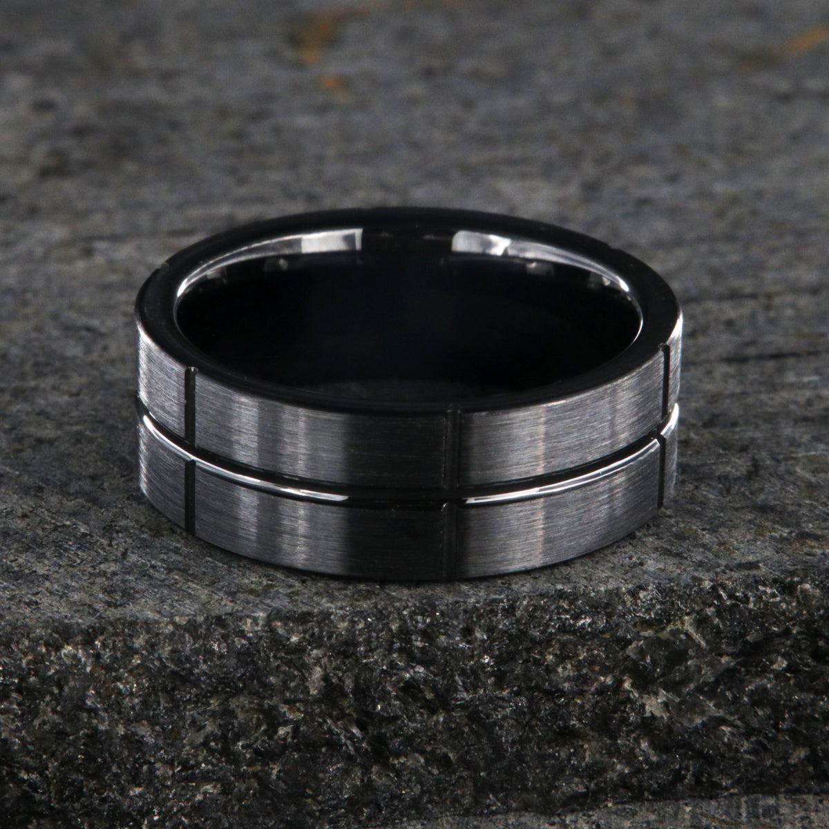 8mm wide black ceramic ring with a matte finish and polished vertical and horizontal grooves