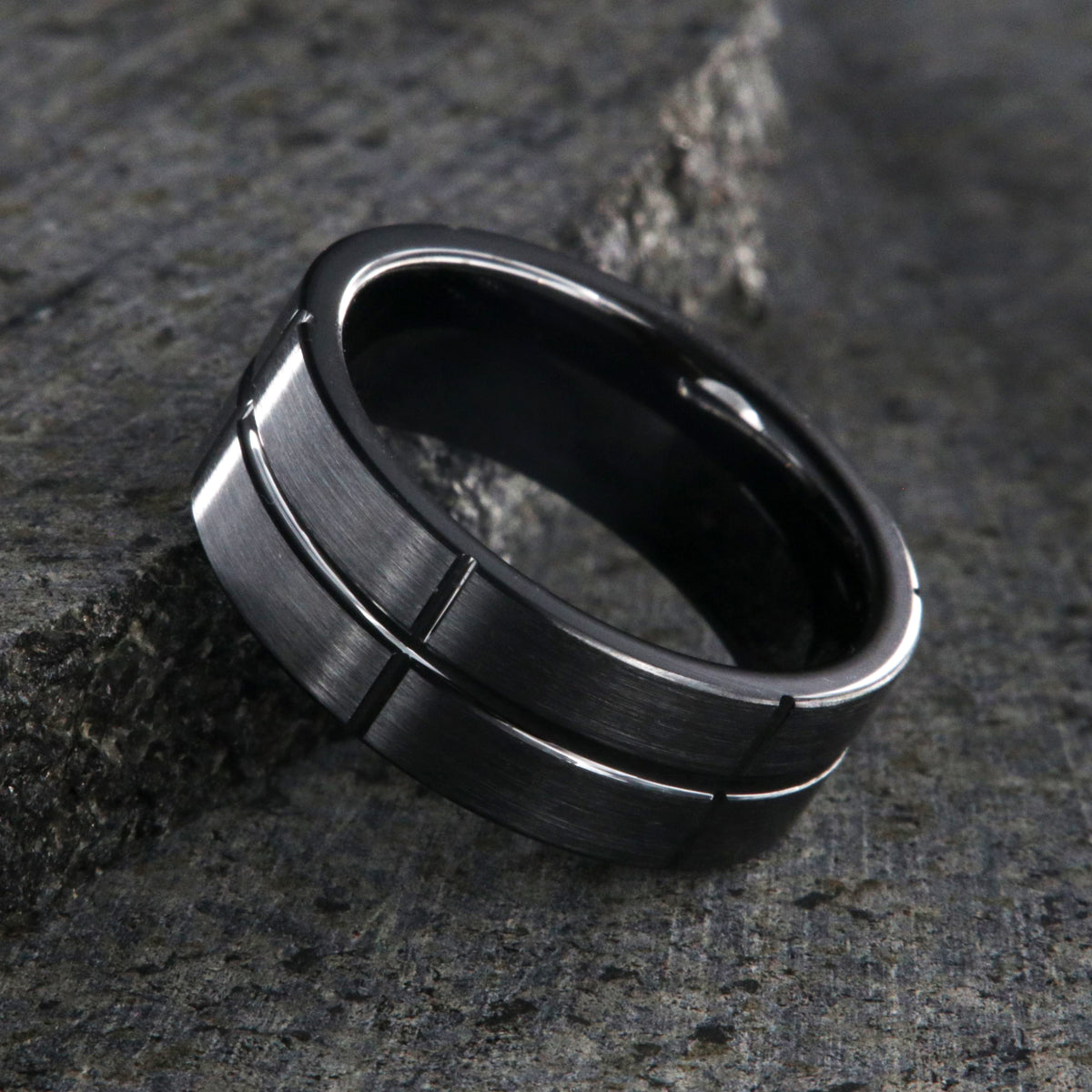 8mm wide black ceramic ring with a matte finish and polished vertical and horizontal grooves