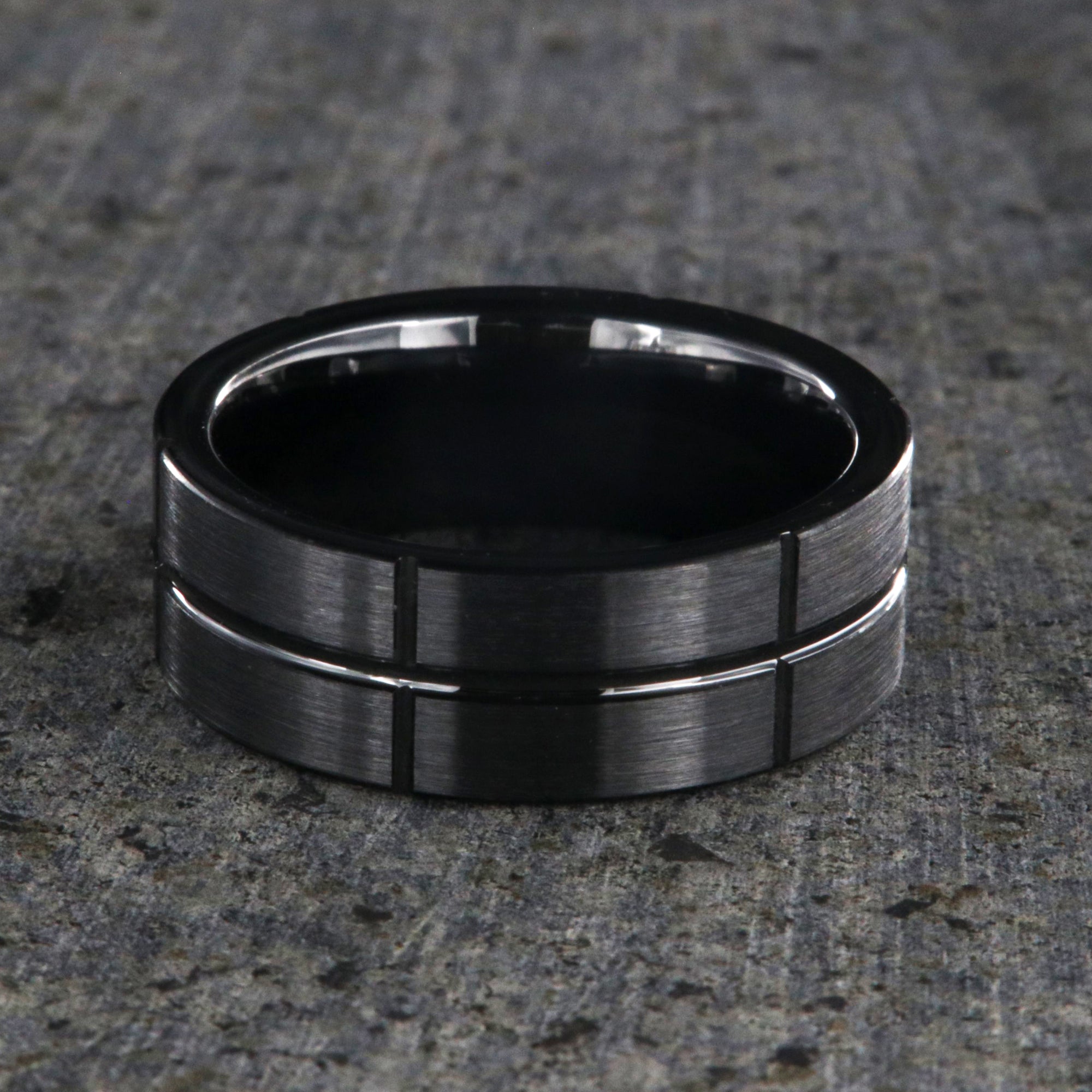 8mm wide black ceramic ring with a matte finish and polished vertical and horizontal grooves
