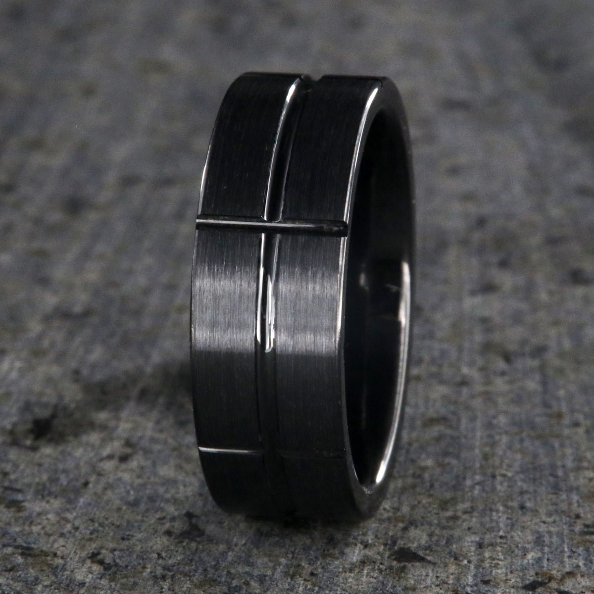 8mm wide black ceramic ring with a matte finish and polished vertical and horizontal grooves