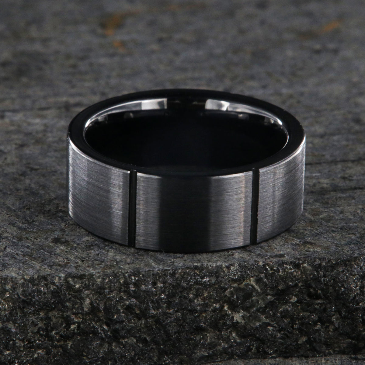 8mm wide black ceramic ring with a matte finish and vertical grooves