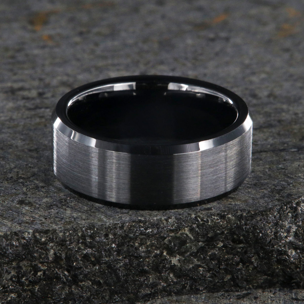 8mm wide black ceramic ring with beveled edges and a brushed finish center