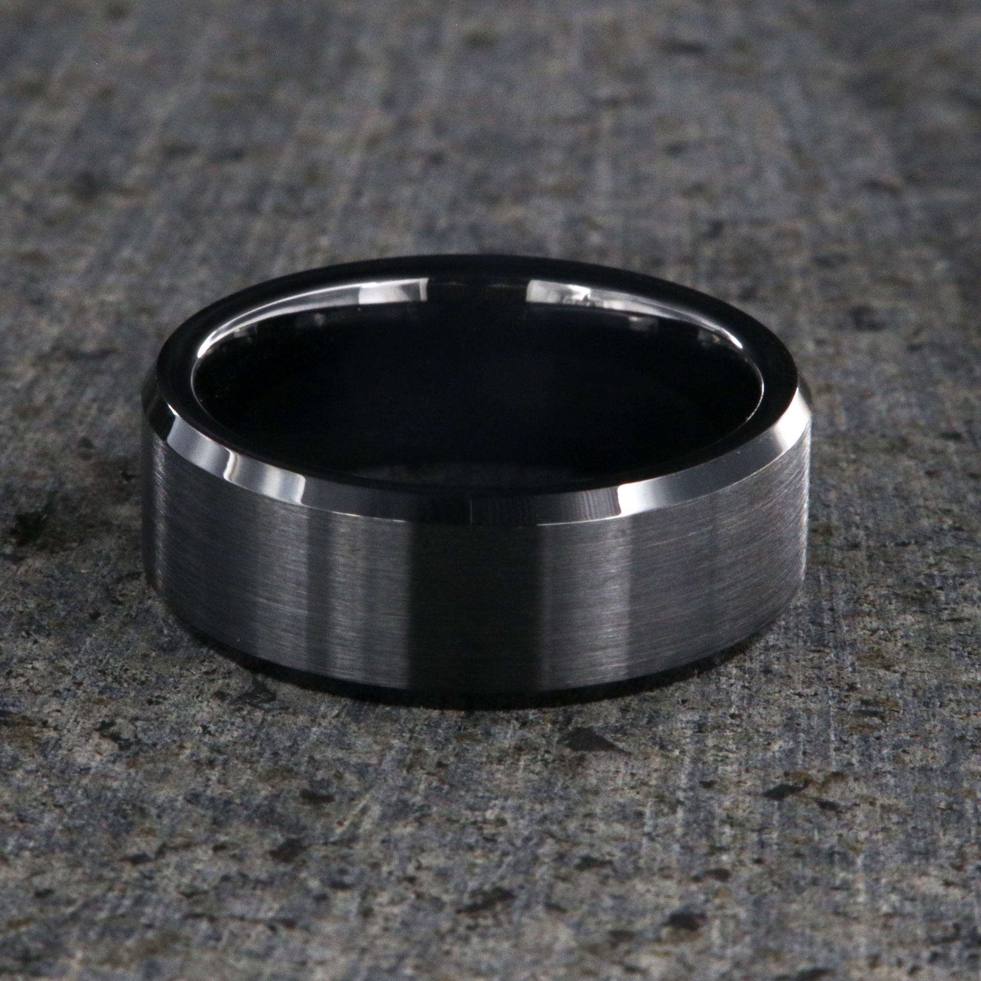 8mm wide black ceramic ring with beveled edges and a brushed finish center