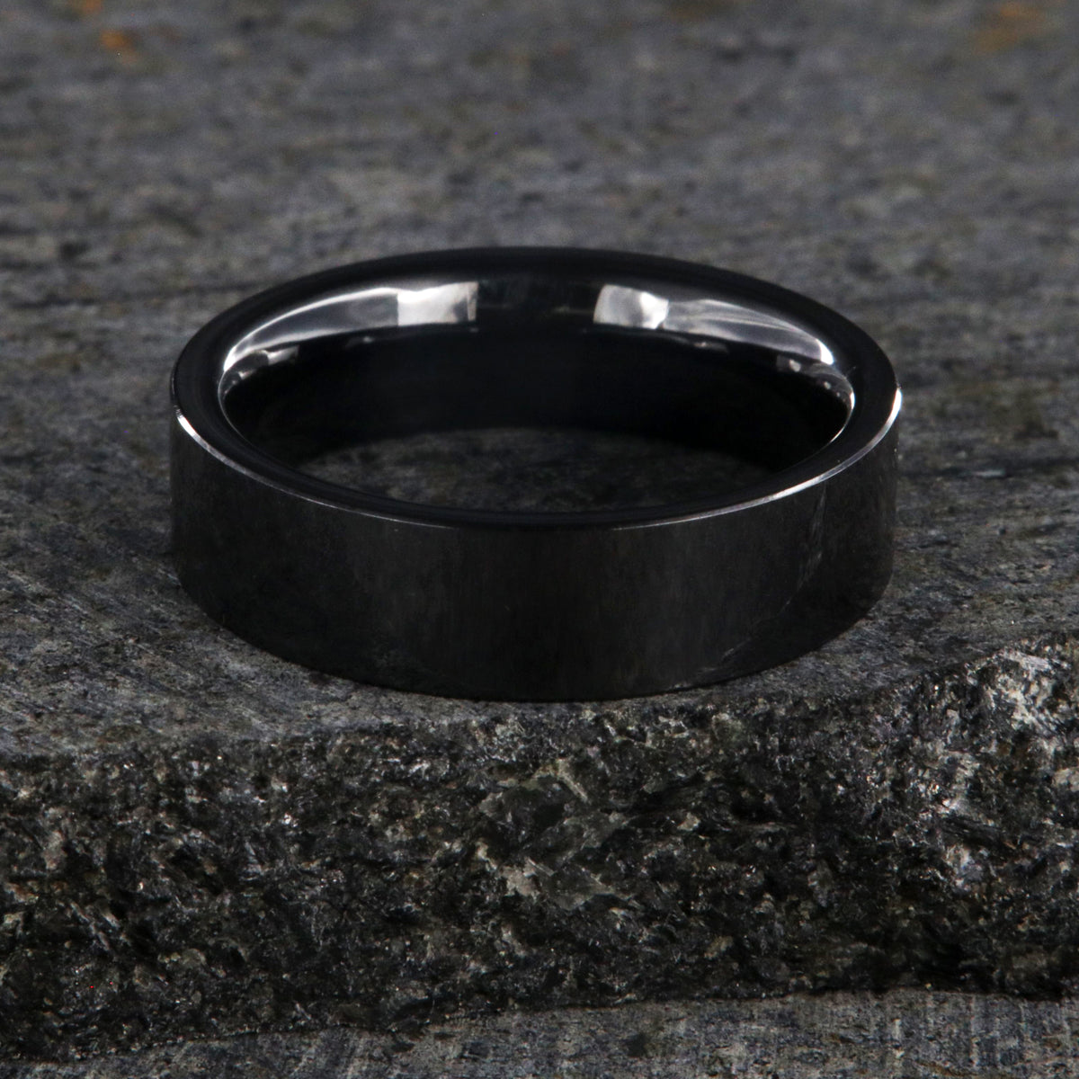 6mm wide black ceramic ring with a flat profile and polish finish