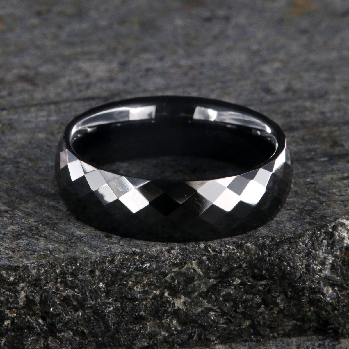 6mm wide black ceramic ring with a diamond texture and polished finish