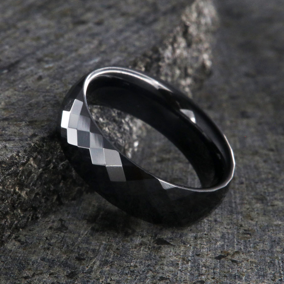 6mm wide black ceramic ring with a diamond texture and polished finish