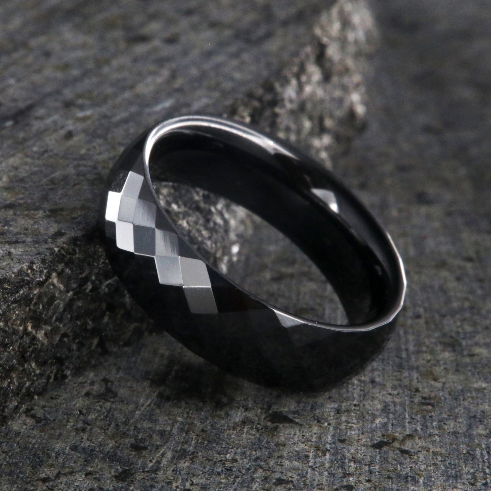 6mm wide black ceramic ring with a diamond texture and polished finish