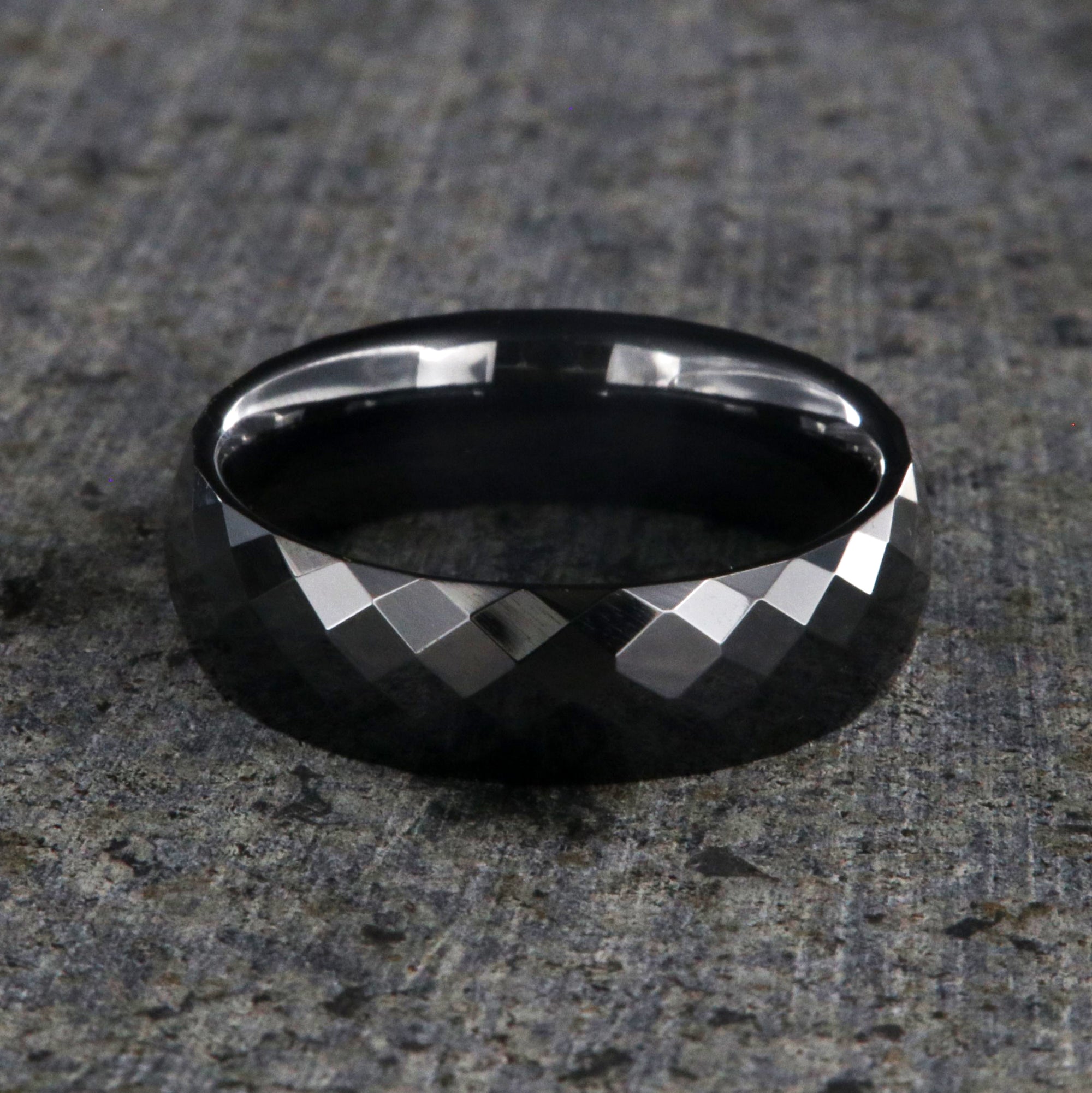 6mm wide black ceramic ring with a diamond texture and polished finish
