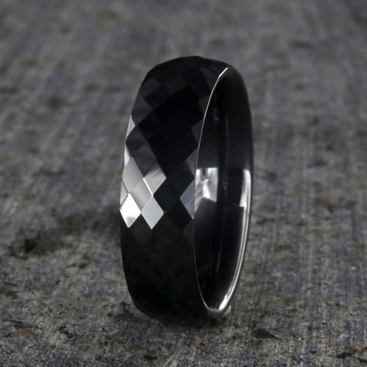 6mm wide black ceramic ring with a diamond texture and polished finish
