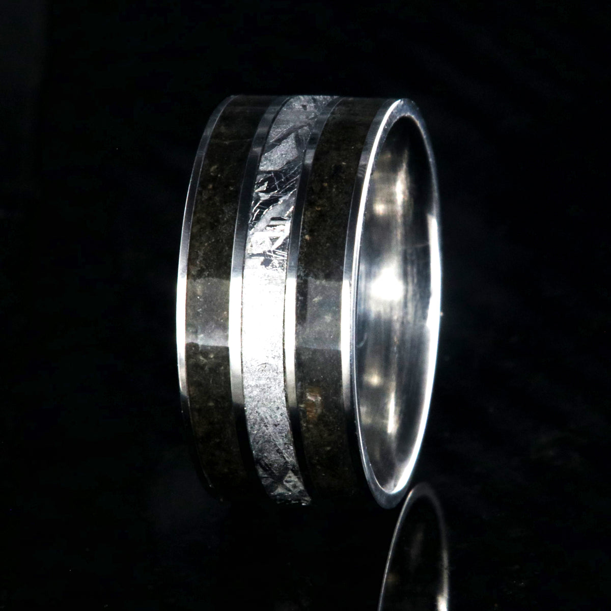 10mm wide dinosaur bone ring with meteorite inlay and cobalt sleeve