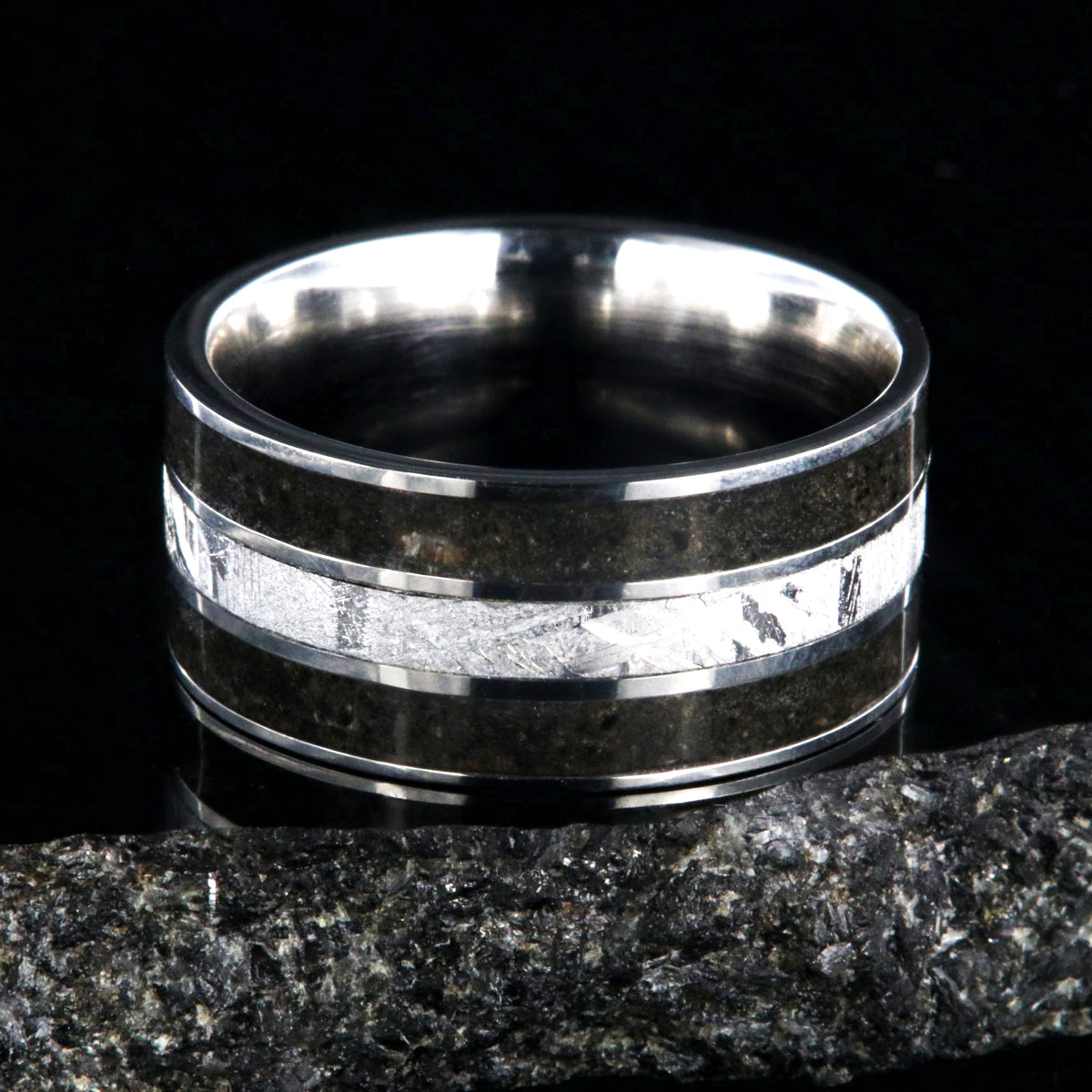 10mm wide dinosaur bone ring with meteorite inlay and cobalt sleeve