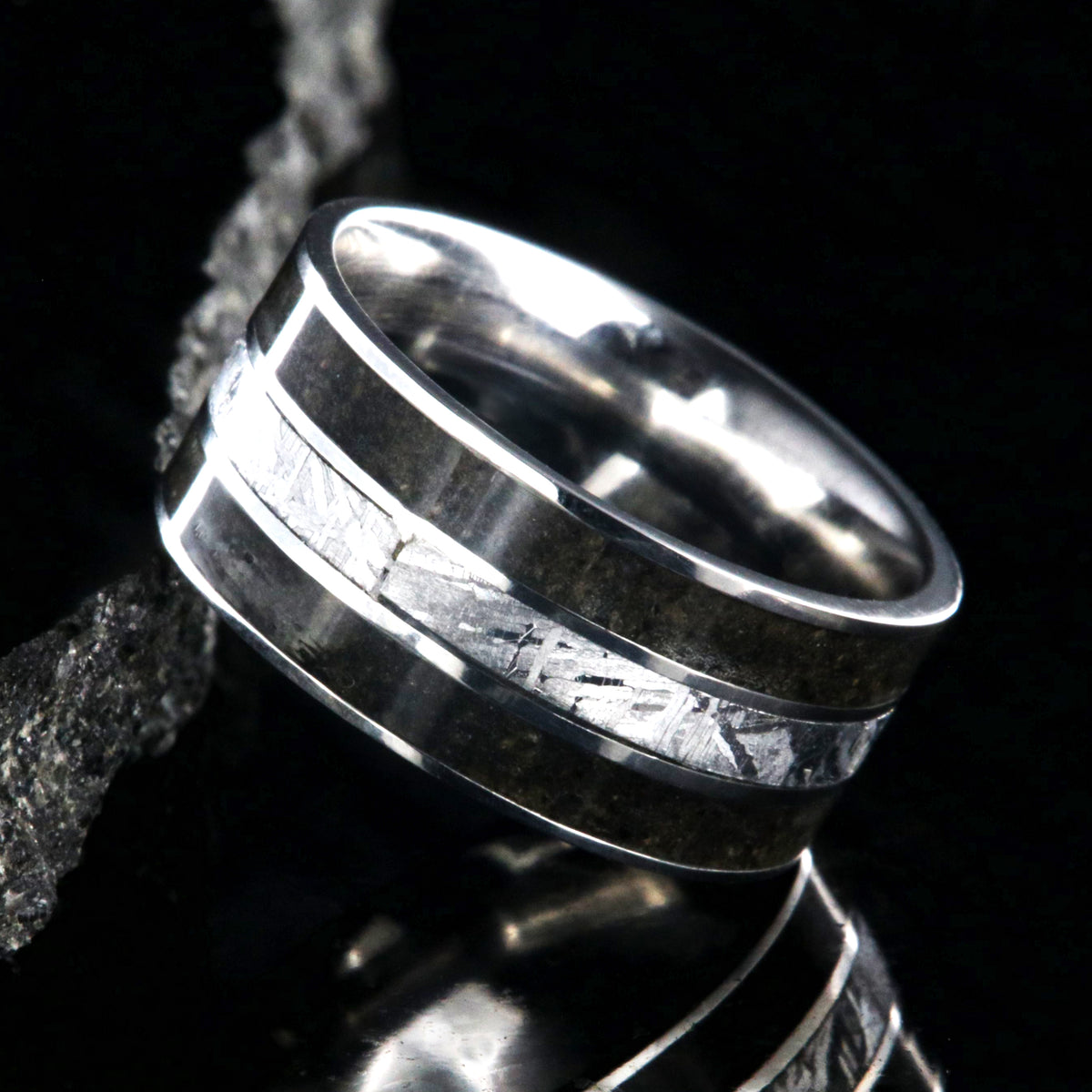 10mm wide dinosaur bone ring with meteorite inlay and cobalt sleeve