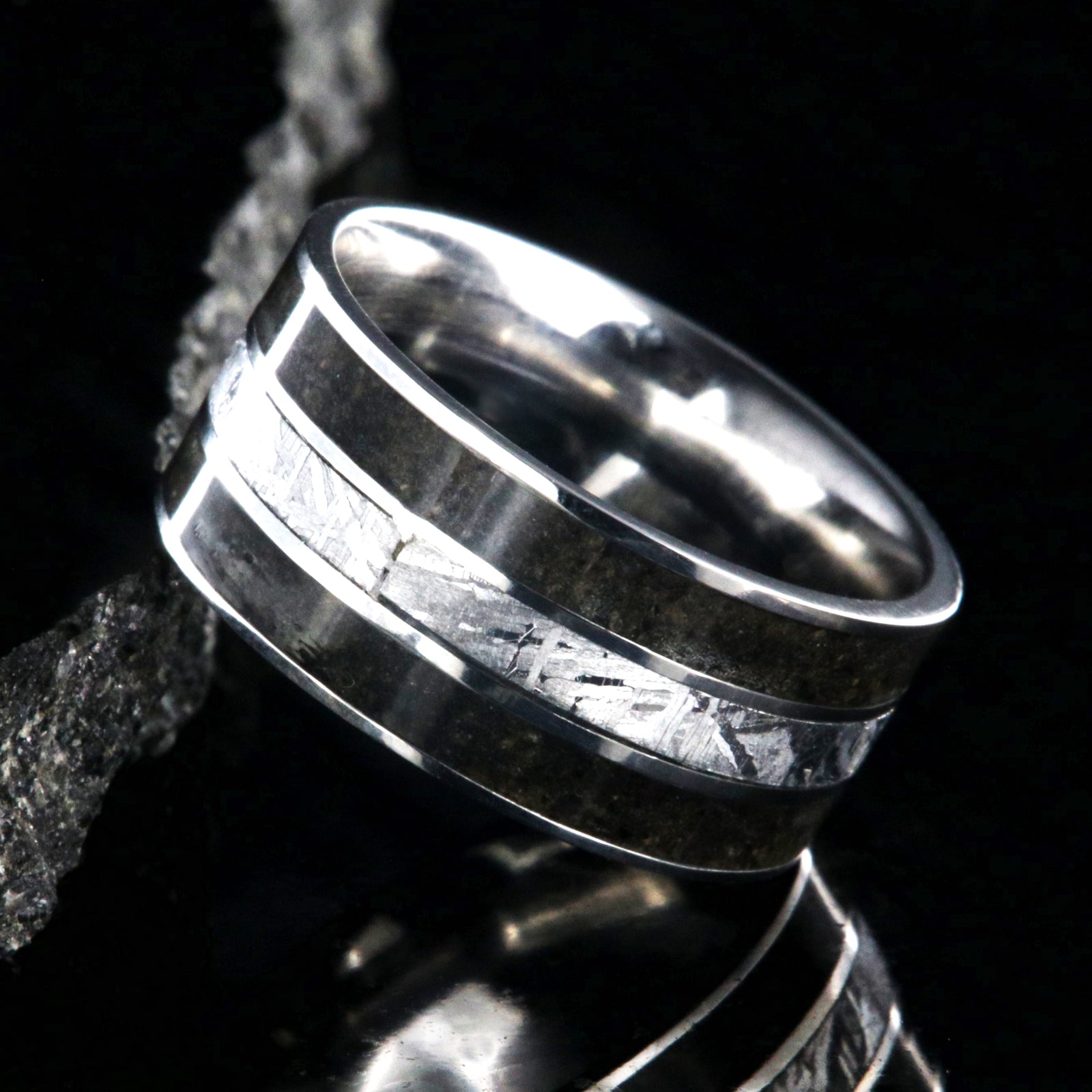 10mm wide dinosaur bone ring with meteorite inlay and cobalt sleeve