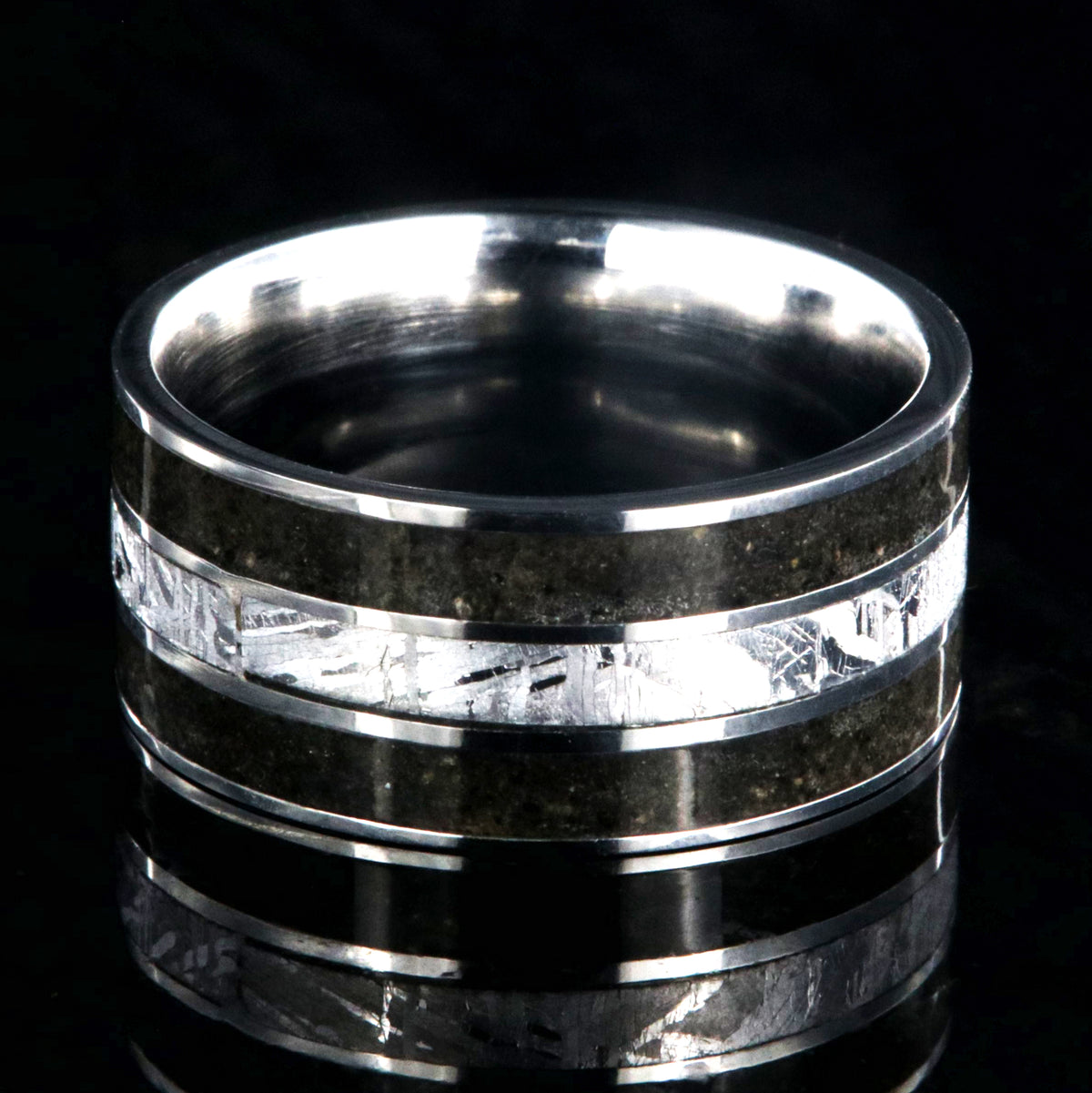 10mm wide dinosaur bone ring with meteorite inlay and cobalt sleeve