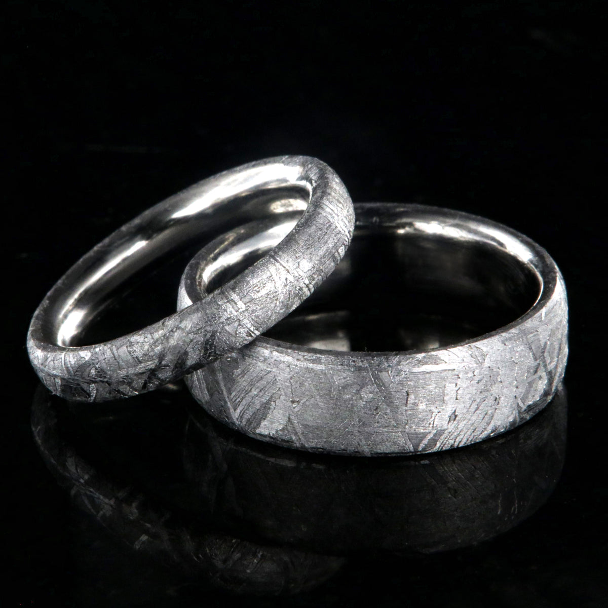 His and her ring set with 6mm wide Gibeon meteorite band and matching 3mm wide meteorite band