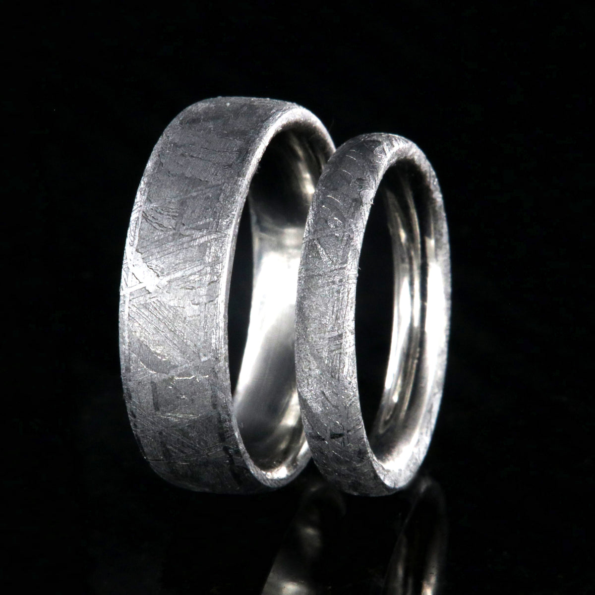 His and her ring set with 6mm wide Gibeon meteorite band and matching 3mm wide meteorite band