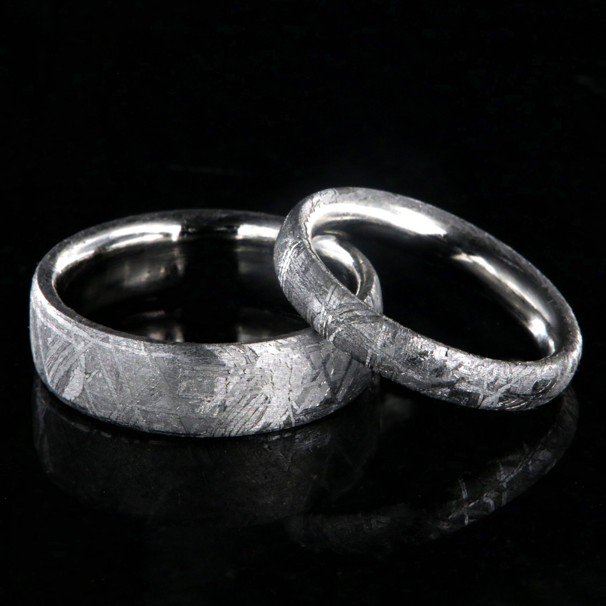 His and her ring set with 6mm wide Gibeon meteorite band and matching 3mm wide meteorite band