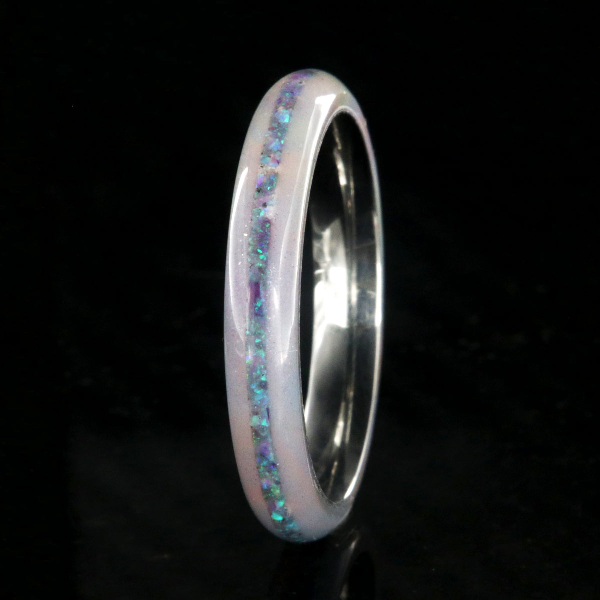 4mm wide promise ring with glittering rainbow edges and a crushed opal inlay