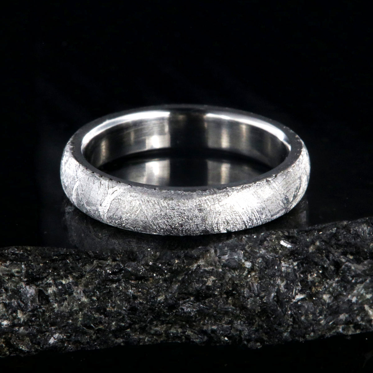 4mm wide women&#39;s meteorite wedding band with cobalt sleeve and rounded profile